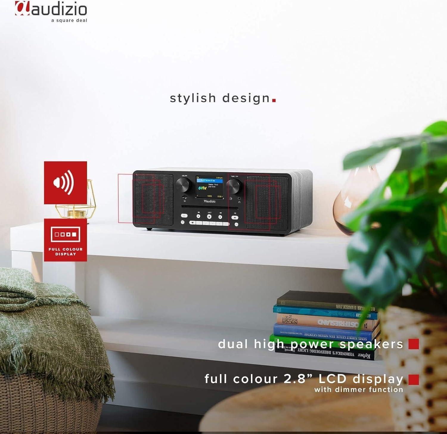 Audizio Naples-radio med stilfuldt design, to kraftige højttalere og 2.8-tommer LCD-farvedisplay med lysdæmperfunktion