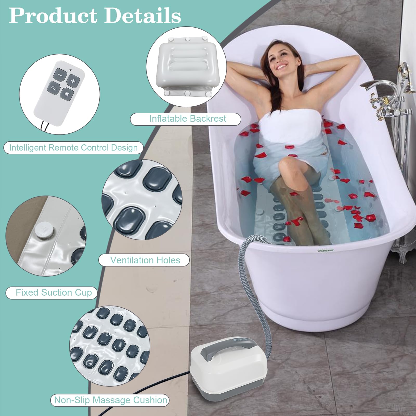 Tapis de bain moussant électrique portable antidérapant étanche avec ventouse en bas réglable