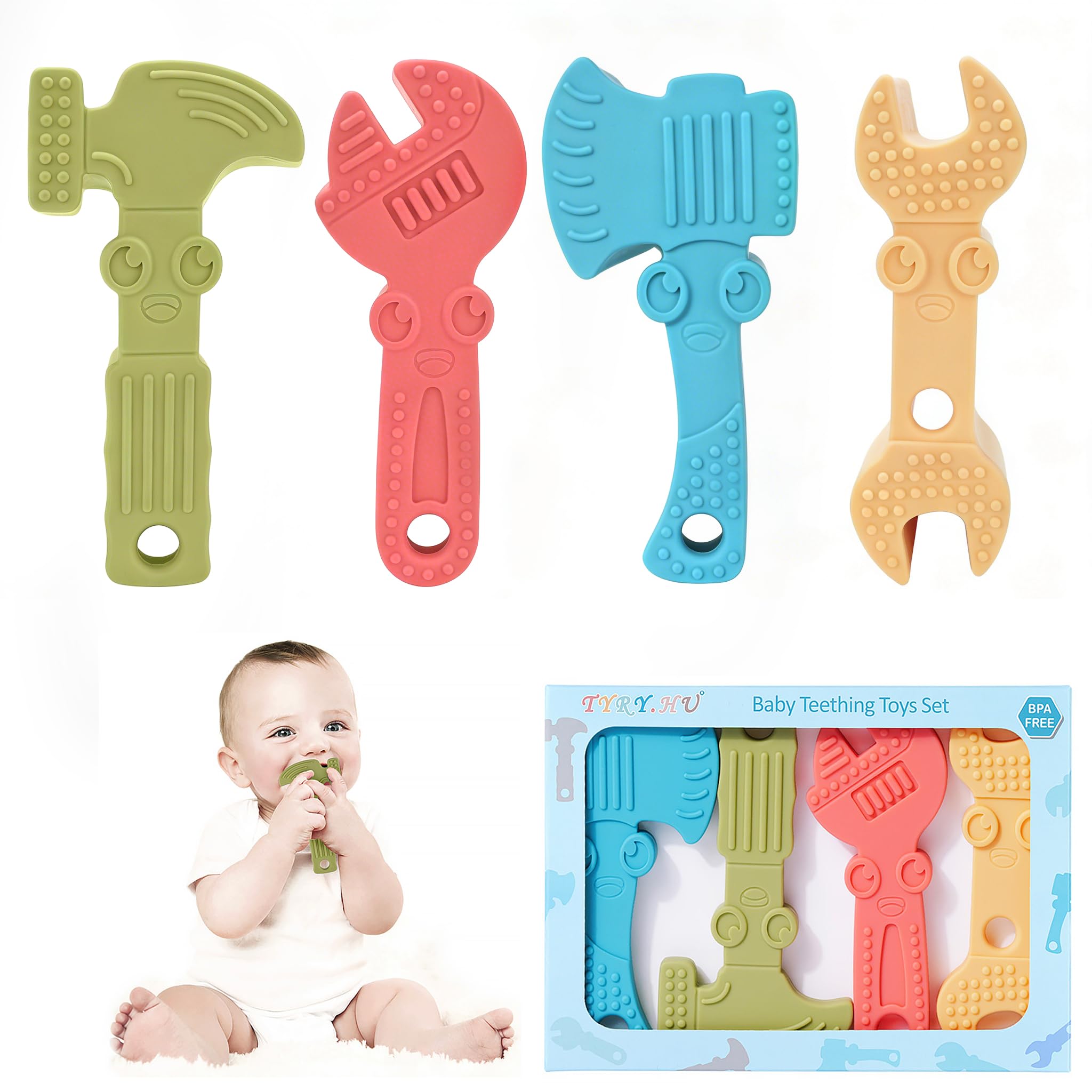 - TYRY.HU Baby Teething Toys for Babies 0-6 Months 6-12 Months, BPA Free Silicone Baby Molar Teether Chew Toys, Hammer Wrench Spanner Pliers for Boys Girls, Soft-Textured, Easy to Hold & Clean, 4 Packs