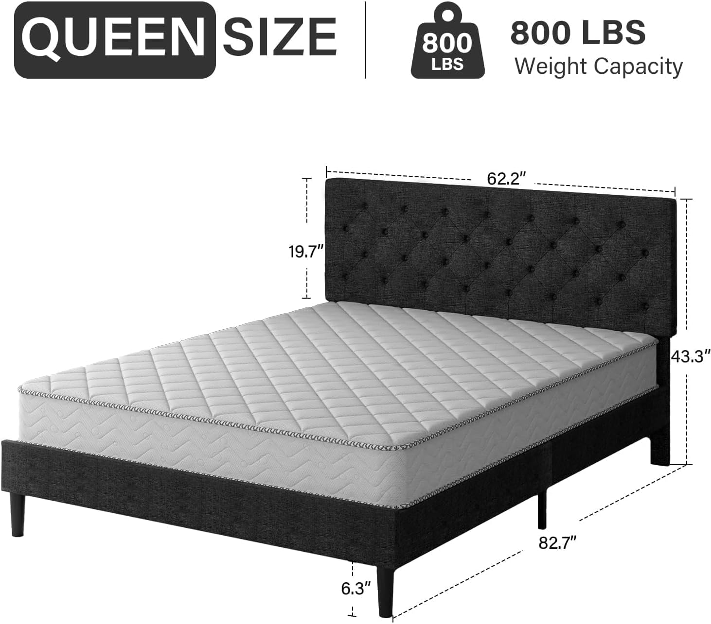 Diagram showing the dimensions of the Queen size bed frame, including length, width, headboard height, and under-bed clearance. Also indicates an 800 lbs weight capacity.