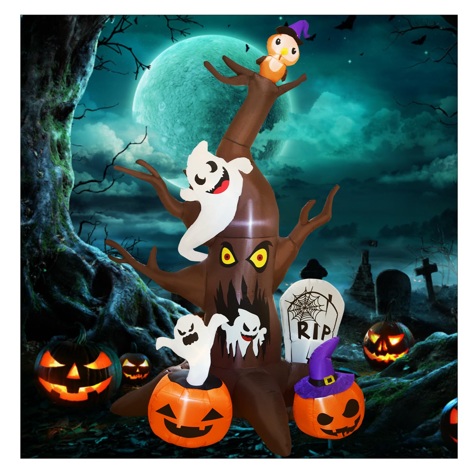 9 FT Halloween Inflatable Dead Tree with Ghosts Pumpkins Tombstone and Owl, Blow Up Yard Decoration Clearance with LED Lights Built-in, Indoor and Outdoor Holiday Party Decorations for Garden and Lawn