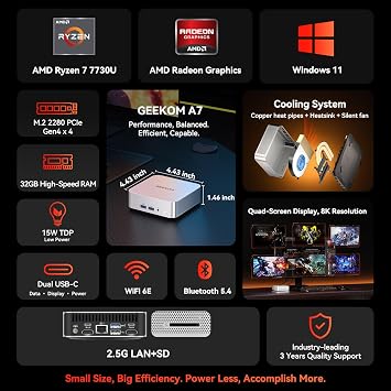GEEKOM A7 Mini PC, AMD Ryzen 7 7730U, DDR5 32GB RAM & 500GB SSD, Business mini pc, 8K Quad Display, USB4, Dual HDMI, WIFI 6E & BT5.4 for Business/Content Creator/Office/School