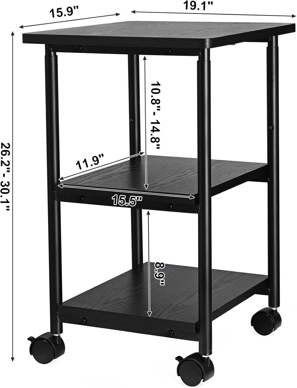 VASAGLE Heavy-Duty Printer Stand with Locking Wheels, 3-Tier Industrial Mobile Cart with Storage Shelf, Printer Table for Home, Office, 26.2-30.1" Adjustable Height, Ebony Black UOPS03B