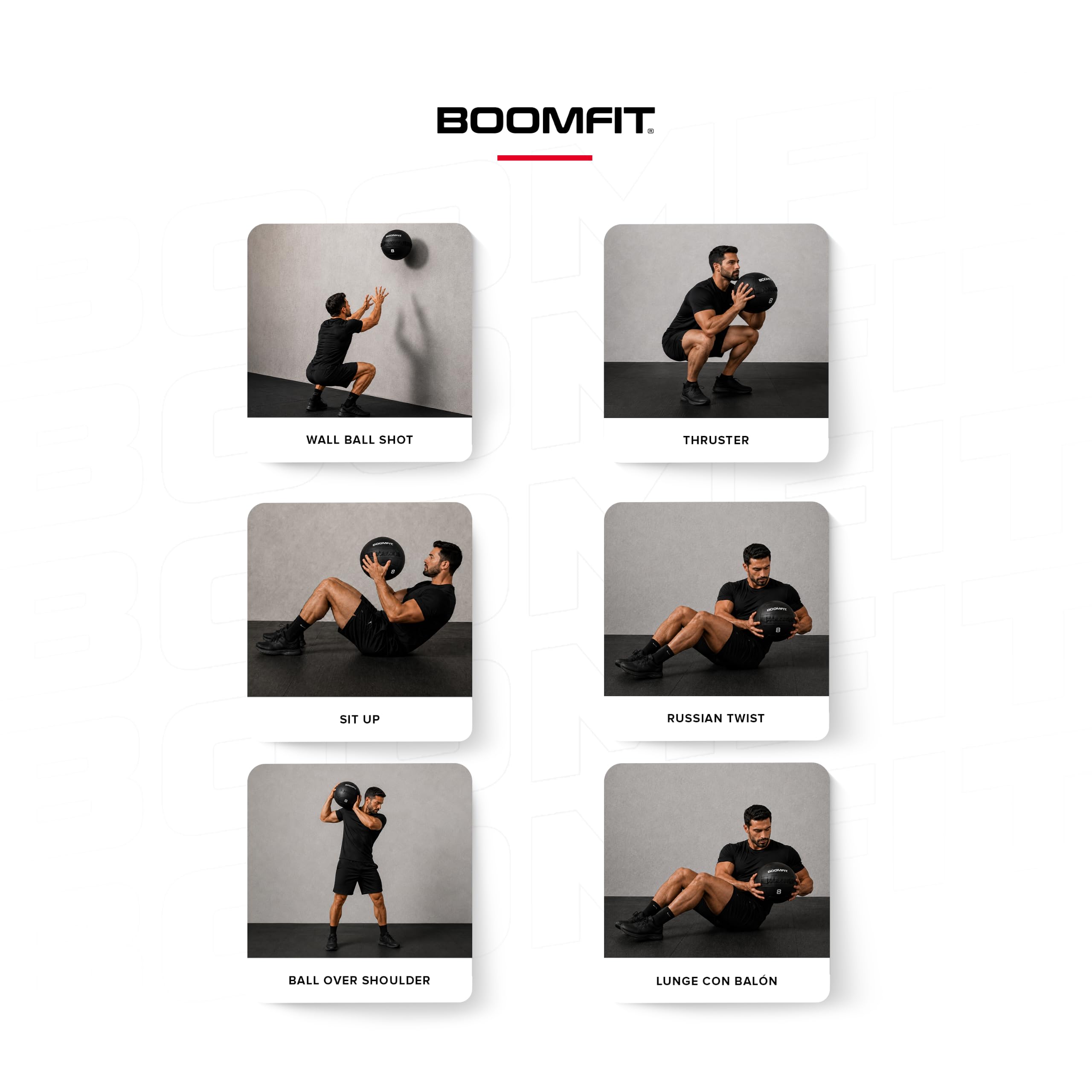 BOOMFIT Wall Ball Pro Black Edition | Medizinball Crossfit & Hyrox | PVC rutschfest, doppelte Kordelnaht und versiegelte Füllung. Schlaufen zum Aufhängen. 2 bis 12 kg für Box und Zuhause