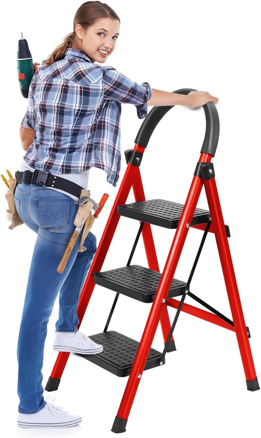 3 Step Ladder - Folding Step Stool with Handrails and Anti Slip Wide Pedal,Heavy Duty 150KG Max Capacity, Foldable Step Ladders for DIY, Home Decorating and RV Outdoor Work (Red)
