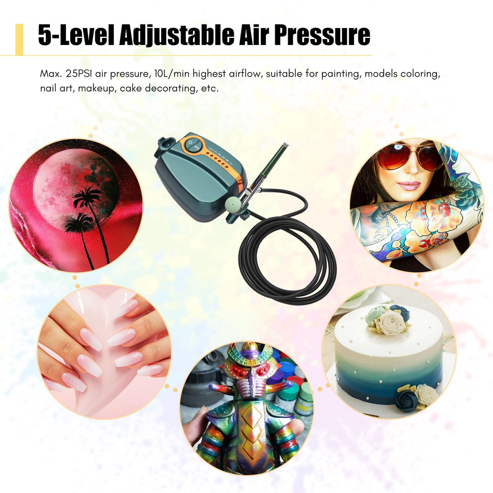 Kavolet Mini kit aérographe avec compresseur portable professionnel Airbrush avec double action, 0,4 buses aiguilles pistolet pour pâtisserie, peinture, maquillage du visage, ongles, manucure cake