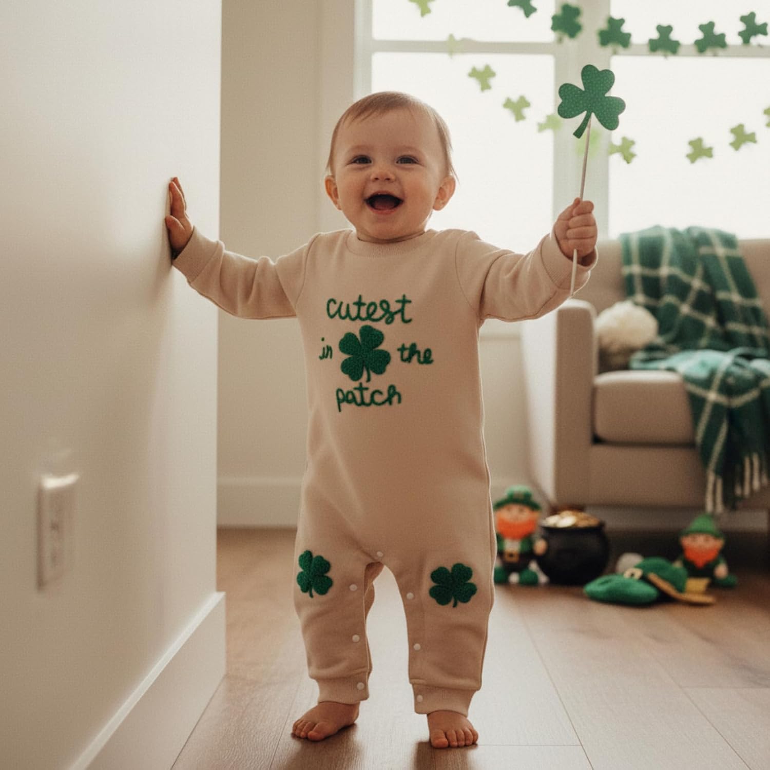 Newborn Infant Baby Boy Girl St Patricks Day Outfit Cutest Clover In the Patch Romper Bodysuit Long Sleeve Jumpsuit - Image 2