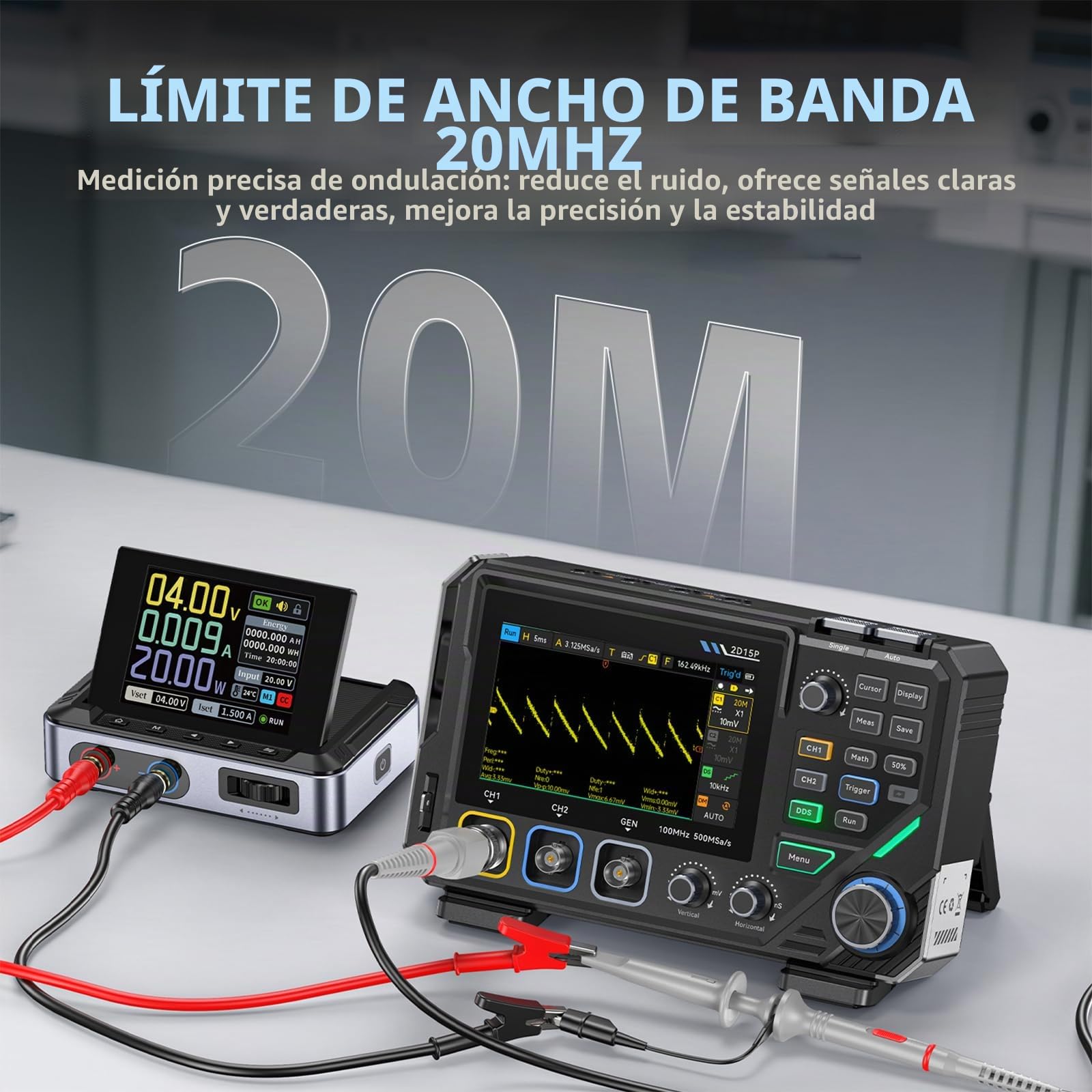 2D15P Osciloscopio, 100MHz Osciloscopio Digital Multímetro 3 en 1 Generador de Señal DDS, Pantalla Táctil de 4,3", 19’999 TRMS, Precisión de 4,5 Dígitos, Multímetro 500MSPS