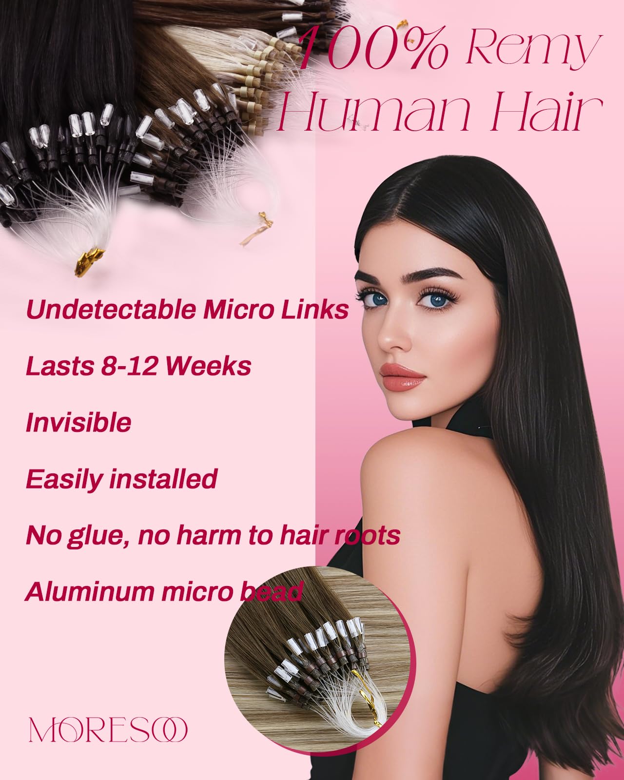 Moresoo Micro Loop Hair Extensions Real Human Hair Brown Root to Chestnut Brown with Medium Blonde Micro Beads Hair Extensions 1g/s 50g/Pack 18 Inch #3/8/22 - Image 2