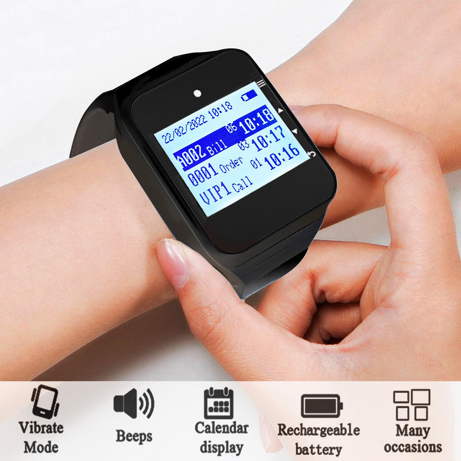 Bewinner sistem Cercapersone Ristorante, 10 Cercapersone Assistente, 1 Ricevitore Orologio, sistem di Chiamata Wireless IPX4 con Vibrazione, Lampeggiante e Cicalino per Chiesa, (BLACK)