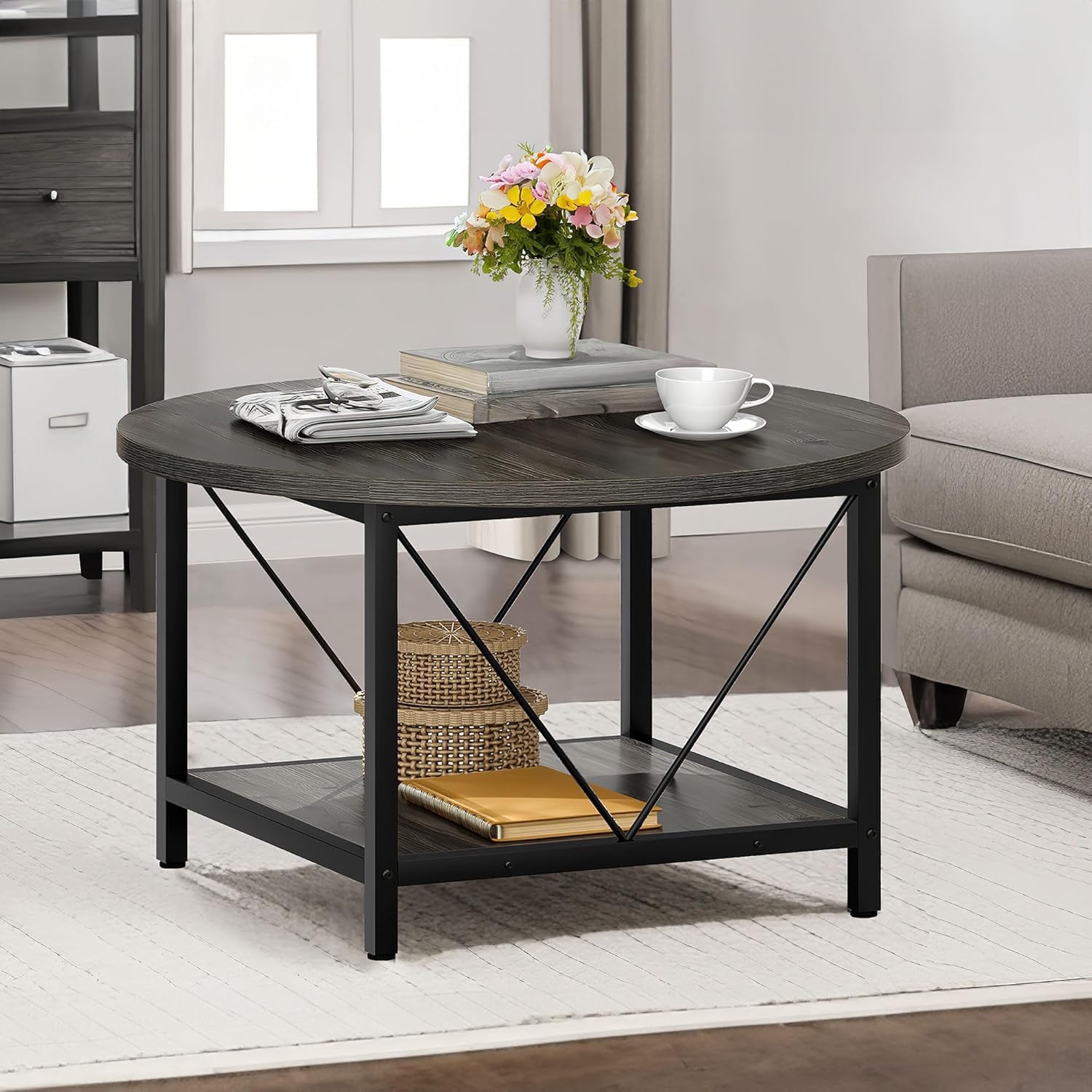 DWVO Round Coffee Table, Small Coffee Table for Living Room, 2 Tier Circle Table with Open Storage Shelf, Rustic Wood Coffee Table with Metal Frame, Easy Assembly, Grey