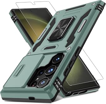 DEERLAMN Case for Samsung Galaxy S24 Ultra with Slide Camera Cover+Screen Protector 1 Pack, Rotated Ring Kickstand Military Grade Shockproof Protective Cover-Green