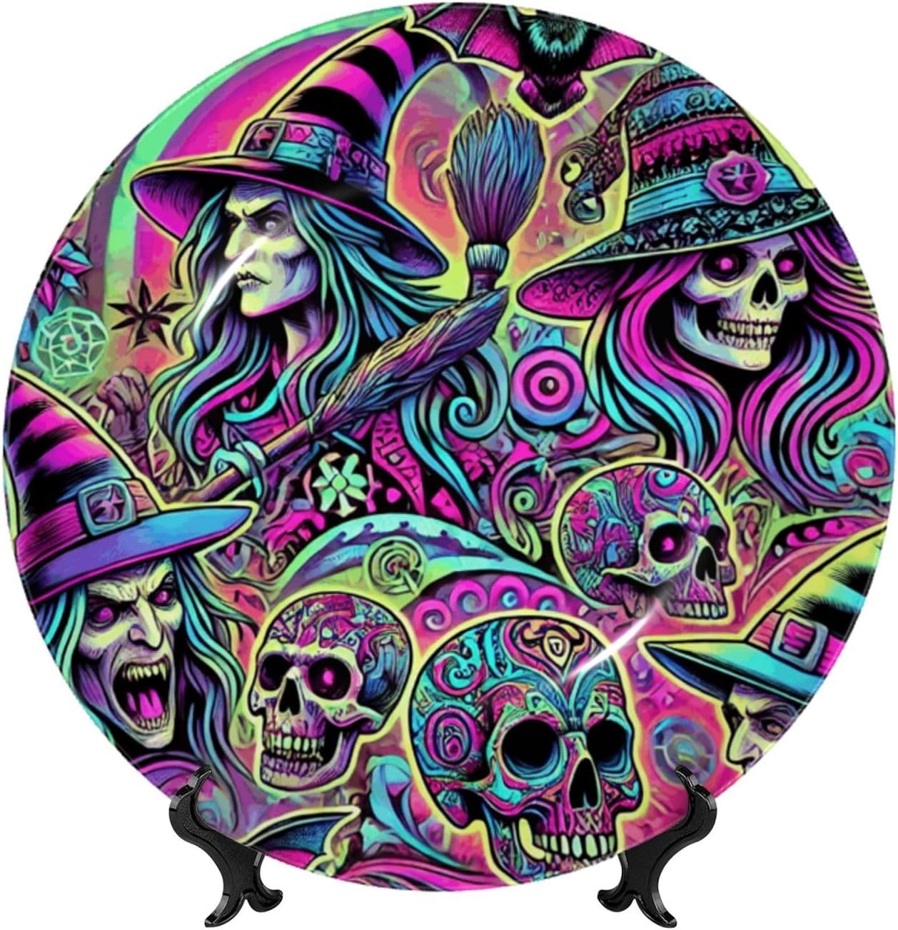 Halloween-Skulls-Witches 10 Inch Decorative Plate With Stand, Elegant Display Wall Plate For Home Decor