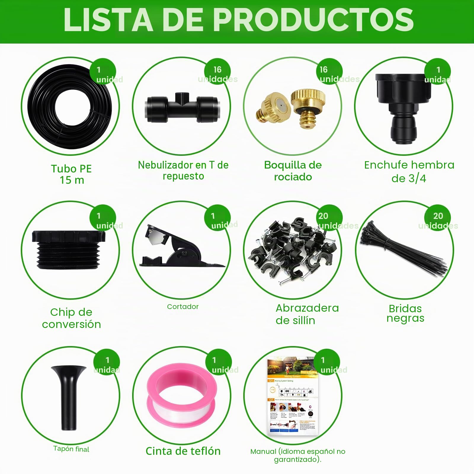Purpledi 15M Kit Nebulizador Jardín, Sistema de enfriamiento por nebulización, Nebulizador Terraza Exterior con 16 Boquillas de Latón Ajustables para Eventos al Aire Libre，Jardines，Sombrillas y Techos
