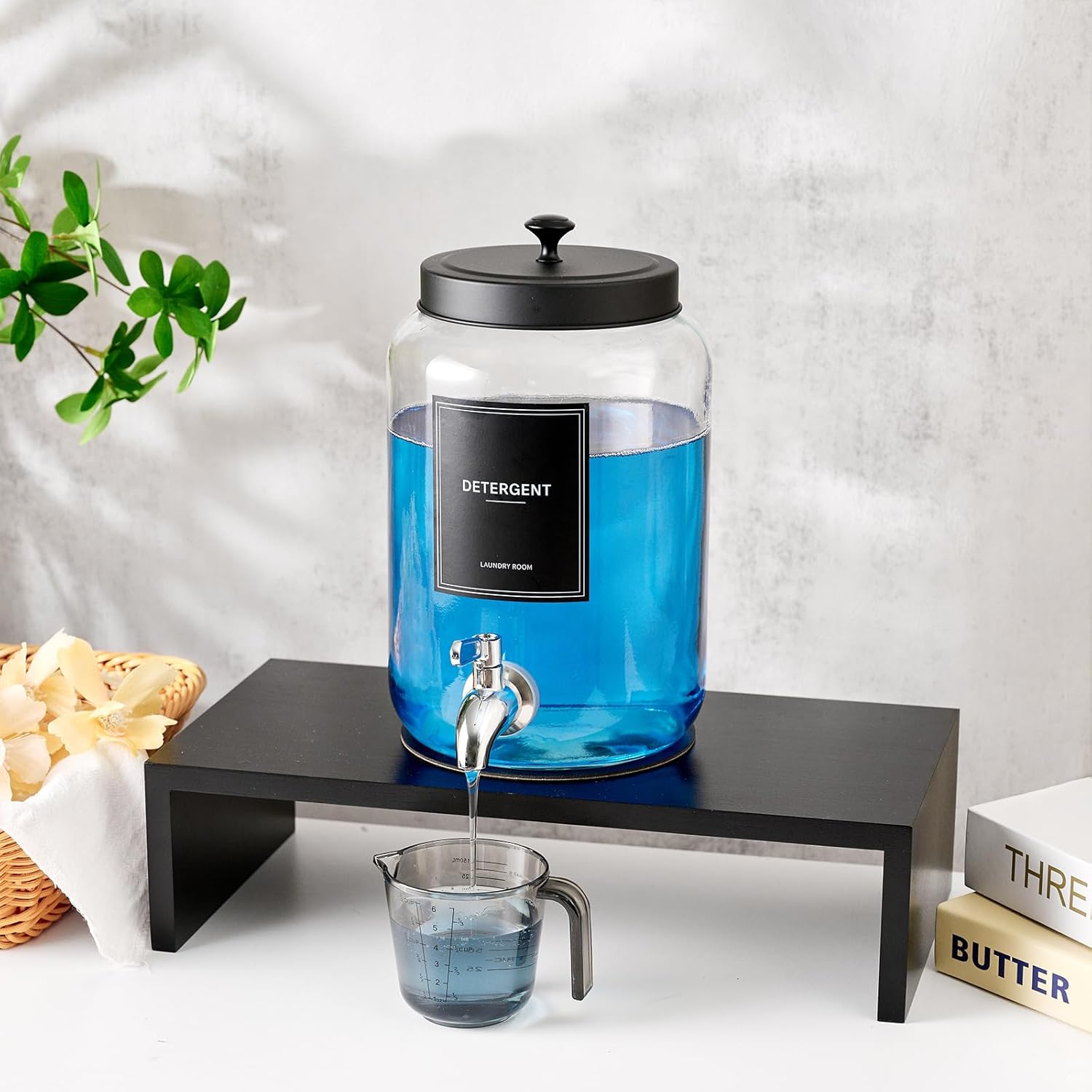 Glass Laundry Detergent Dispenser with Bamboo Shelf, 108oz Liquid Dispensers with Stainless Steel Tap, Large Reusable Softener Soap Containers with Stand for Washer Room Organization