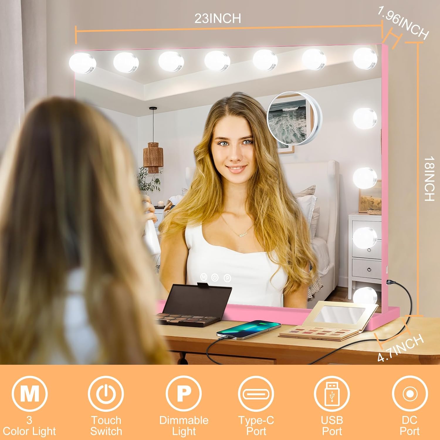 Moonee Vanity Mirror with Lights, Pink Hollywood Lighted Makeup Mirror with 15 Dimmable Bulbs and 10X Magnification, 3 Colors Modes, Aluminum Metal Frame, Light Up Mirror for Tabletop/Wall（23" x 18"） image 2