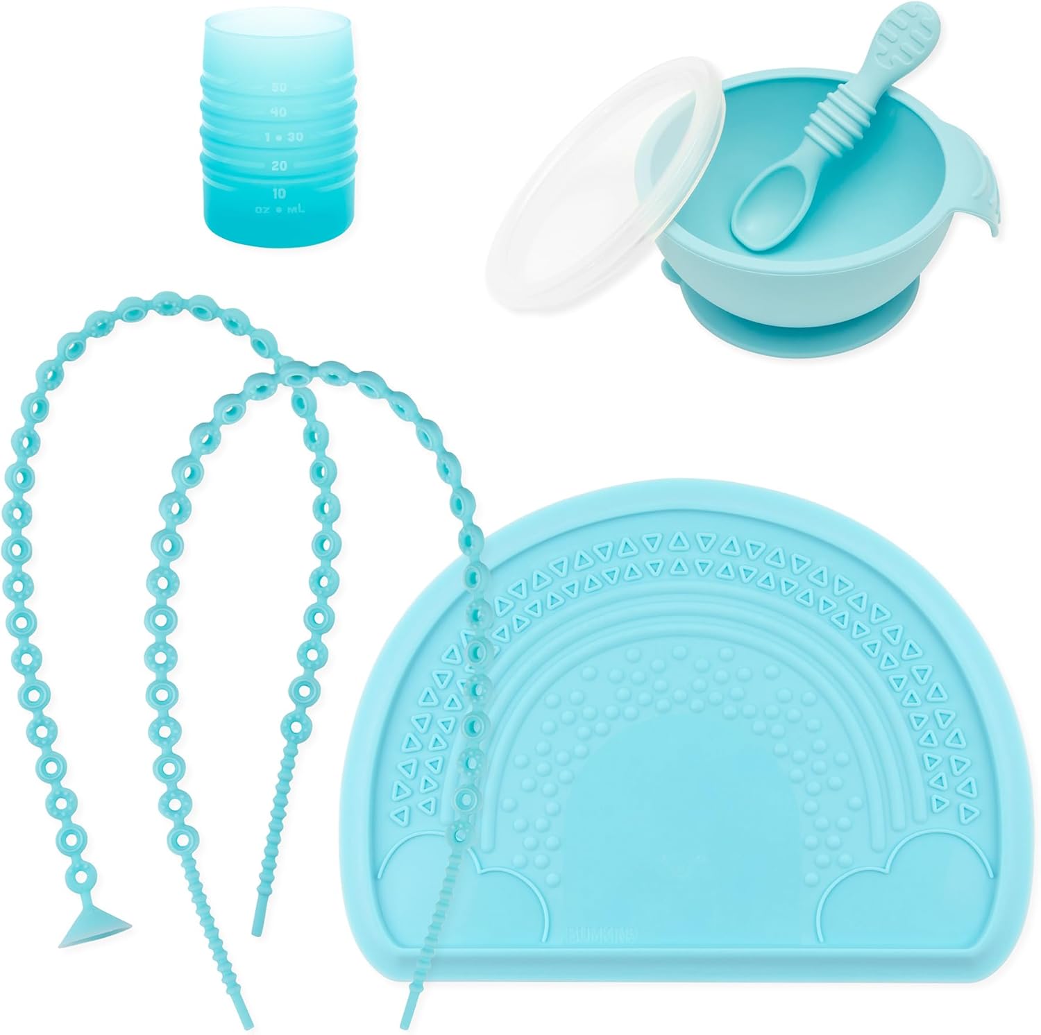 Bumkins - First Feeding Set - Silicone Sensory Placemat, Bowl, Lid, Spoon & Tether Straps - For Boys & Girls, Babies & Toddlers - Non-Slip - Suctions to Table & Highchair - Dishwasher Safe - Pink