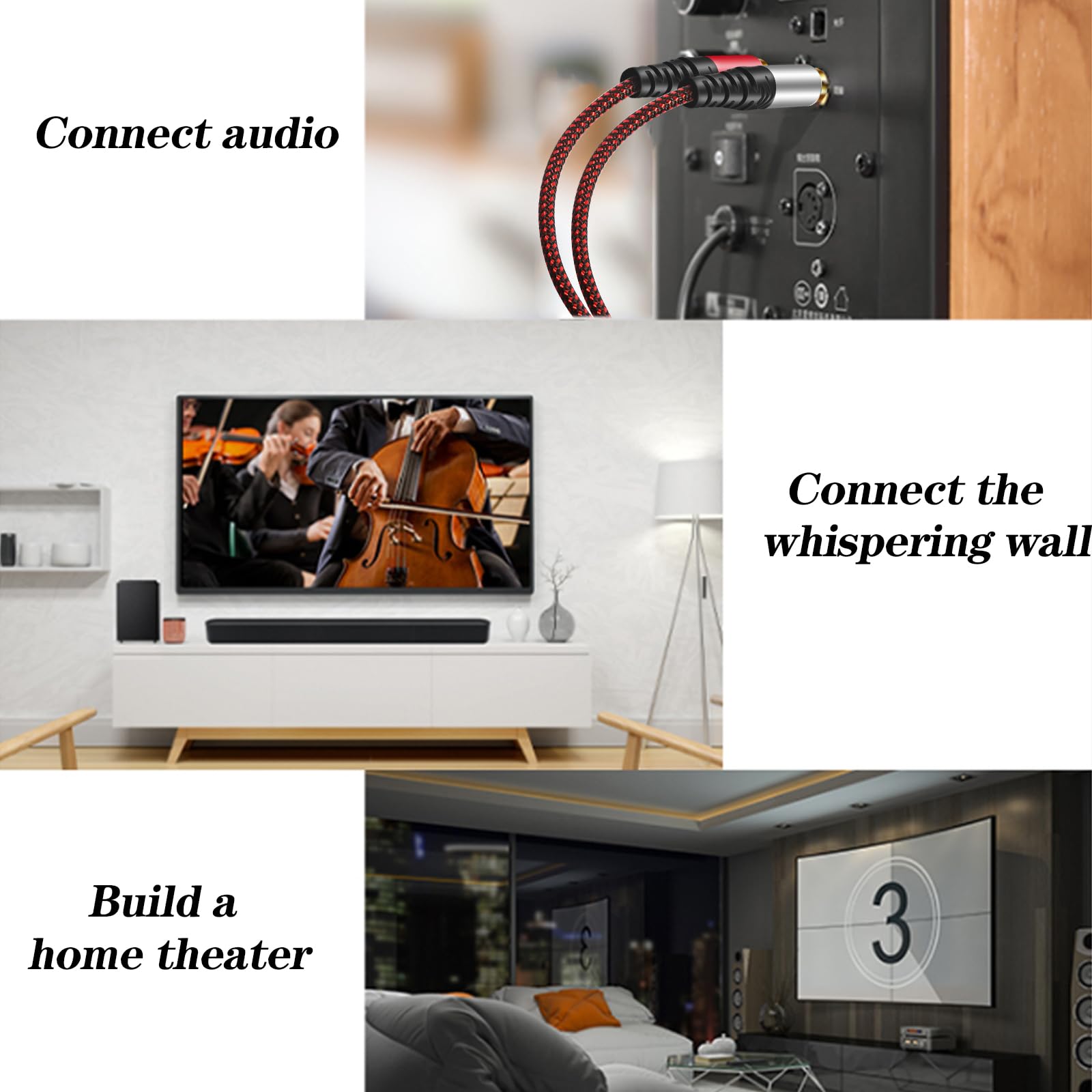 Câble RCA 1,5 m, 2 RCA mâle vers 2 RCA mâles audio stéréo [son Hi-Fi] Cordon audio auxiliaire en nylon tressé pour Home Cinéma, HDTV, amplificateurs, systèmes Hi-Fi, haut-parleurs, etc (1,5 m)