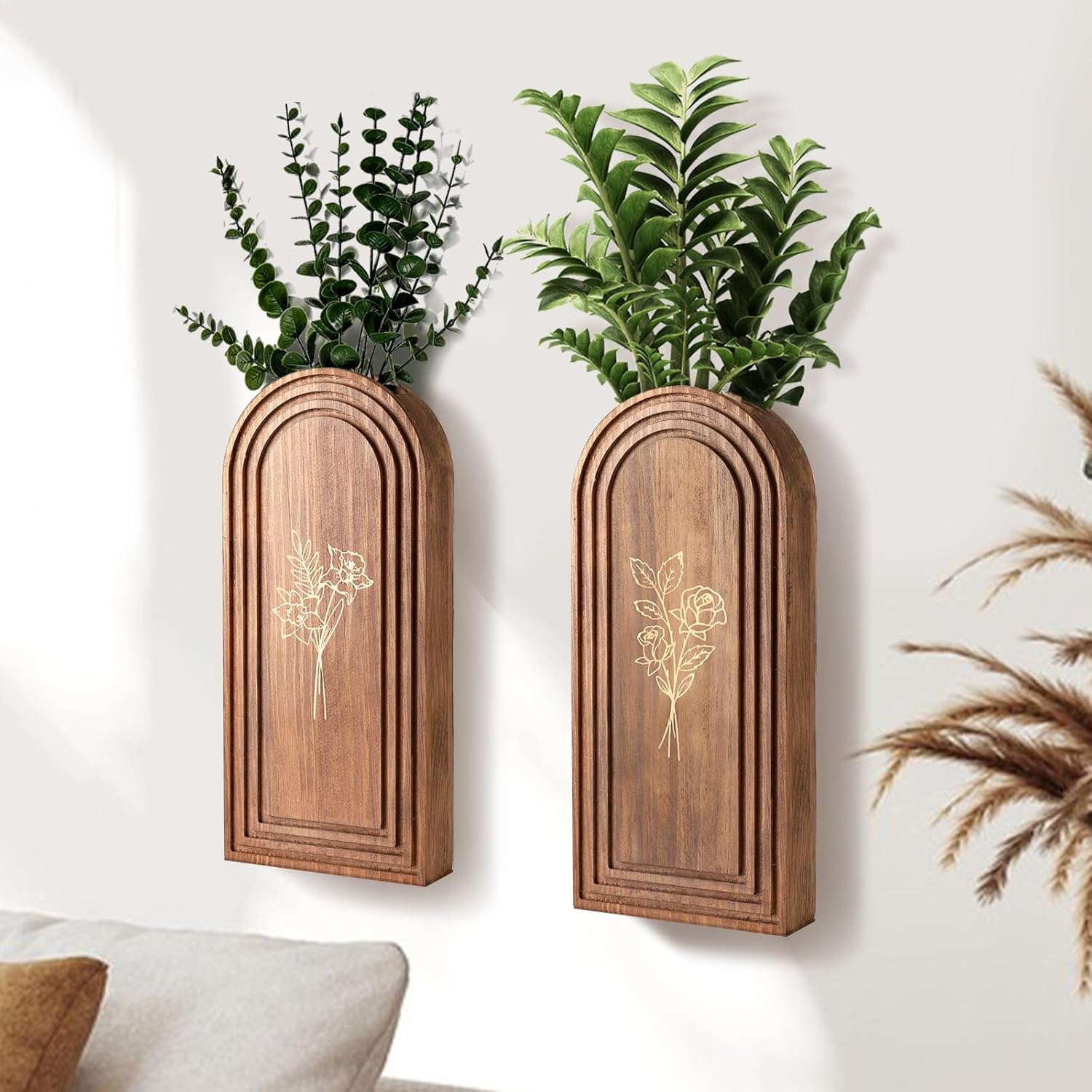 Rustic Wood Wall Planter - Decorative Hanging Vase for Dried Flowers & Artificial Plants, Farmhouse Wall Art Decor for Living Room & Entryway, Set of 2 Faux Greenery Holder (Not for Live Plants) - Image 4