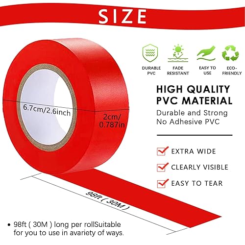 Miniatura 119 de Paquete de 10 cintas de señalización roja, rollo de marcado de neón de cinta de plástico no adhesivo, 1 pulgada x 2000 pies, cinta de marcado