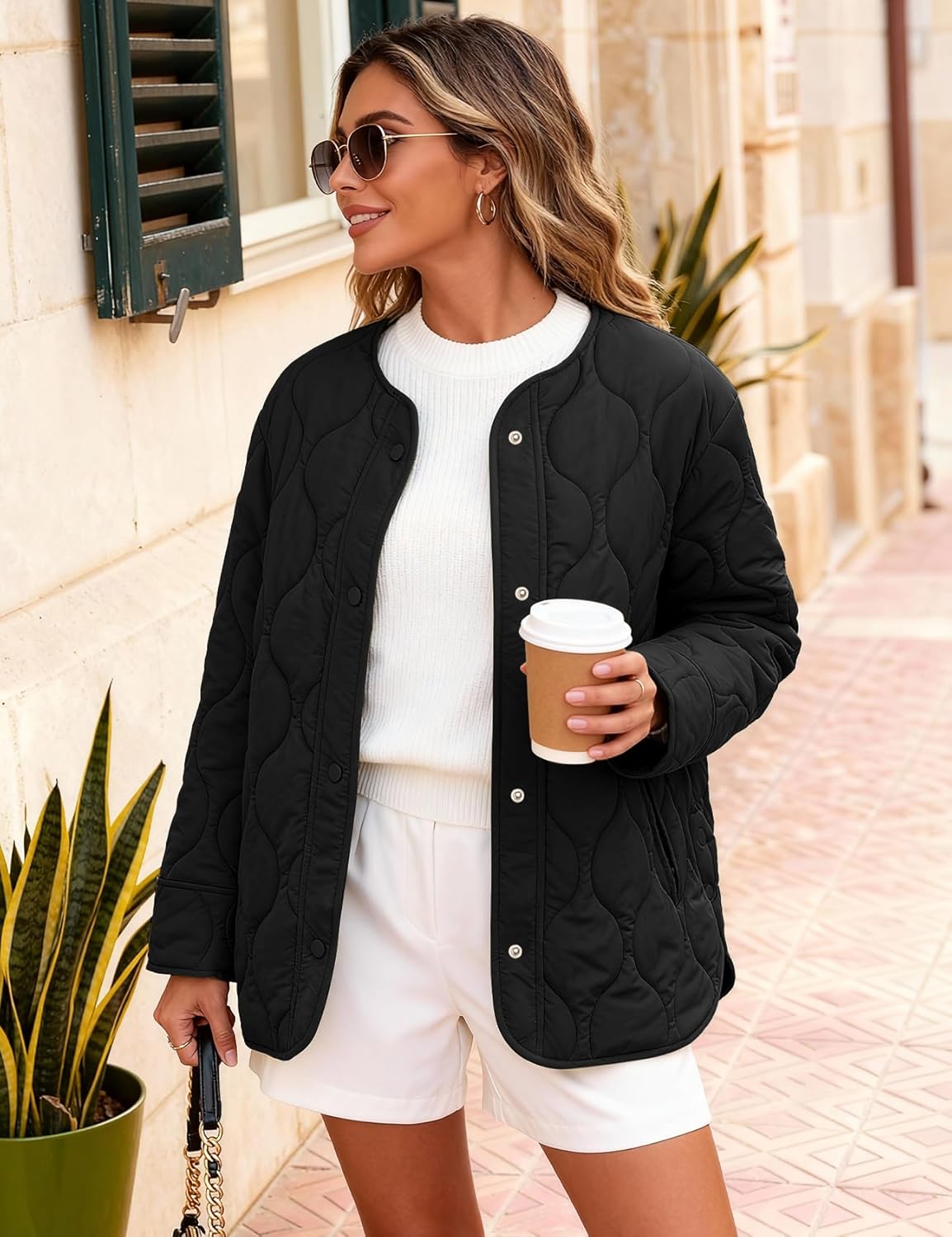 Flygo Women's Oversized Quilted Lightweight Jacket Button Down Puffer Padded Outerwear with Pocket - Image 3