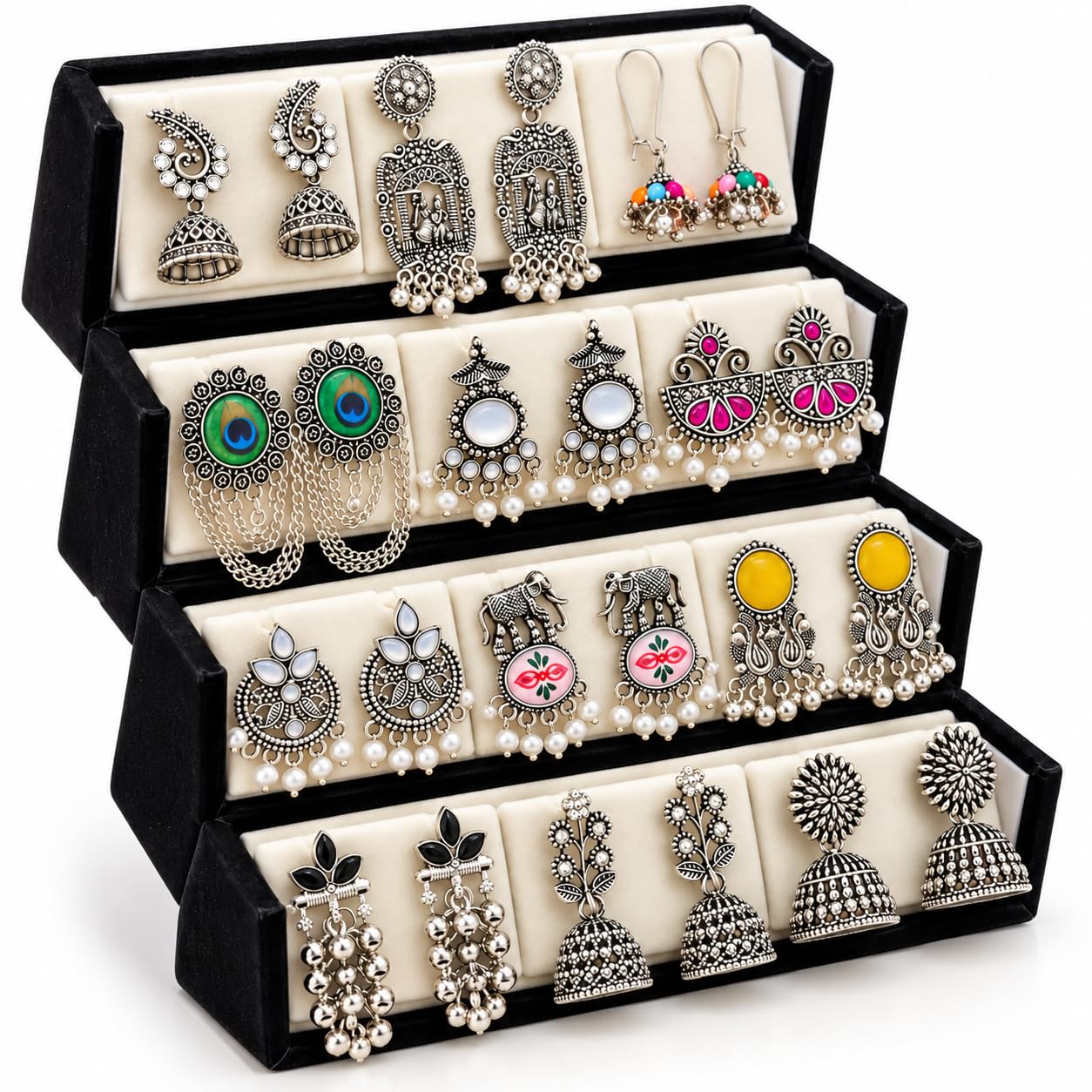 12 Pairs Oxidised Earrings Set for Women & Girls with Foldable Jewellery Organizer Box | Jhumka, Chandbali, Ethnic, Boho & Traditional Earrings | Dussehra, Diwali, Eid, Navratri, Wedding - Image 1