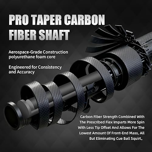 Miniatura 3 de Taco de piscina de fibra de carbono, eje de fibra de carbono 100% y extremo compuesto. Diseño cónico profesional, punta de 0.492 in, pasador de