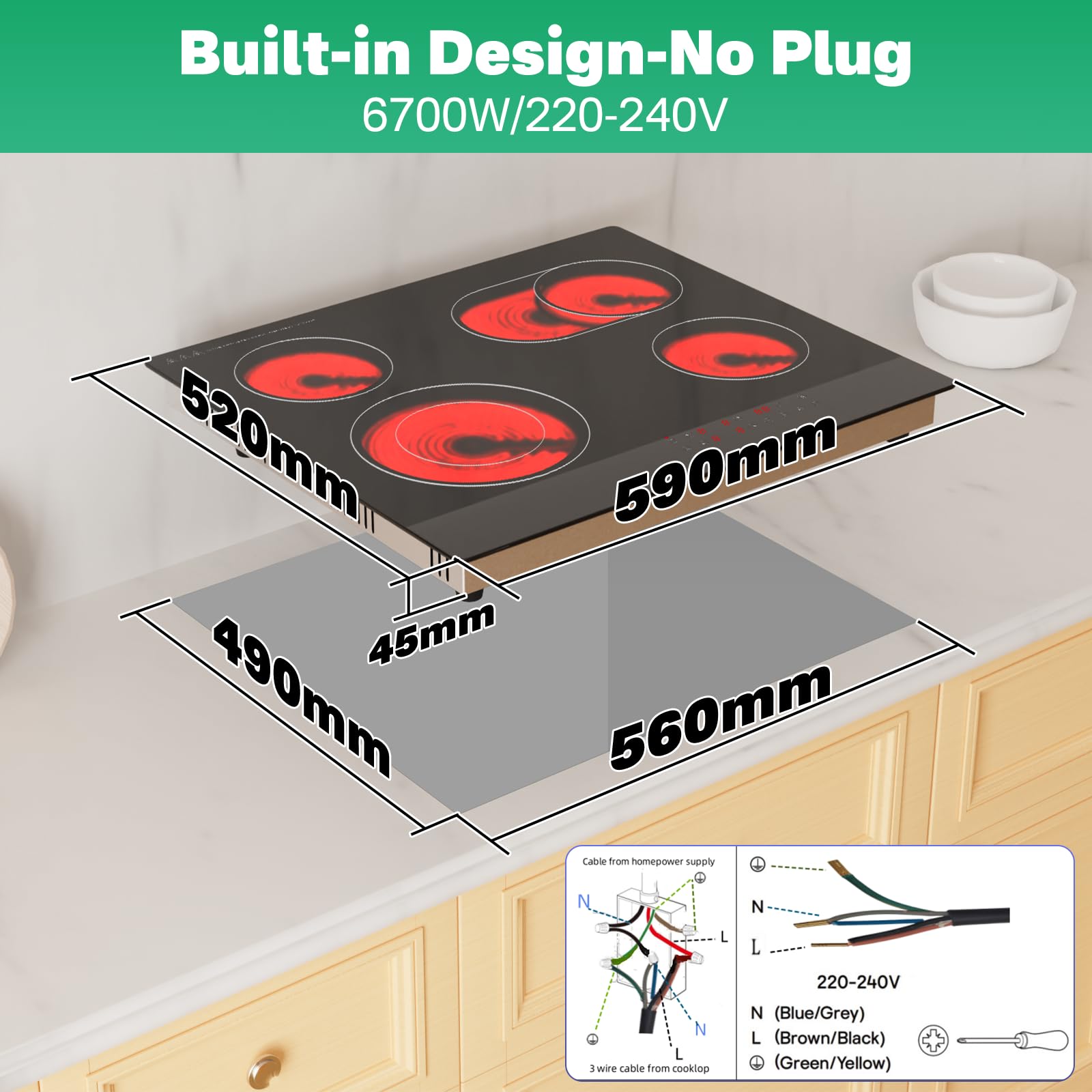 4-Zone Electric Ceramic Hob 6700W, Built-In Touch Control Cooktop, Universal Cookware Compatibility, Black Glass, Timer, Child Lock,Touch Control Electric Ceramic Cooktop — view 6