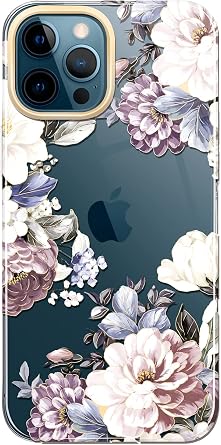 BAISRKE iPhone 12 Pro Max Case,with Flowers,for Girly Women,Shockproof Clear Floral Pattern Hard Back Cover for Phone 6.7 inch 2020 - Pink Purple