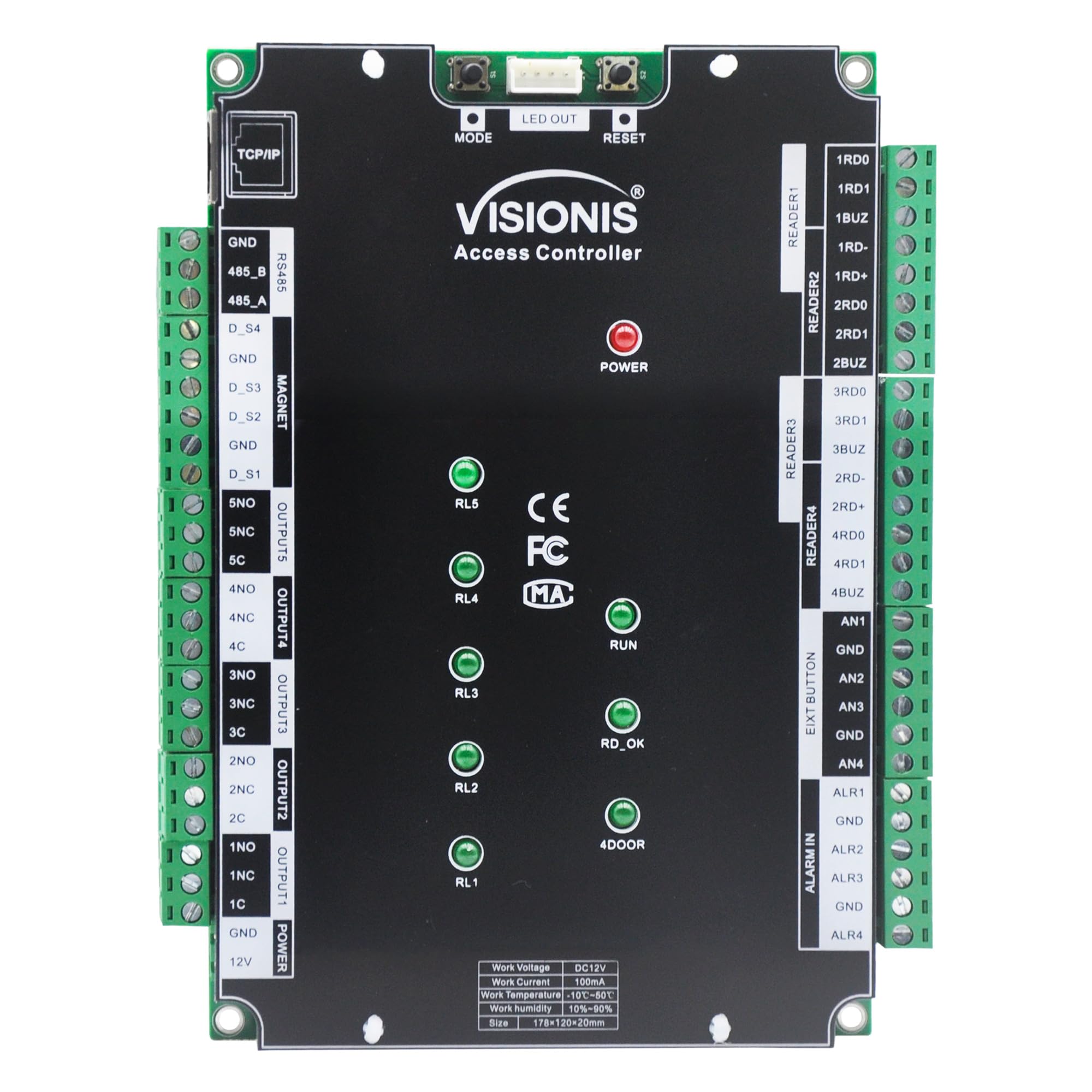 Visionis VS-AXESS-4ETL-PCB Controlador de placa de sistema de control de acceso de red de cuatro puertas para seguridad de 4 puertas con TCP/IP Wiegand y software de escritorio 10.000 usuarios