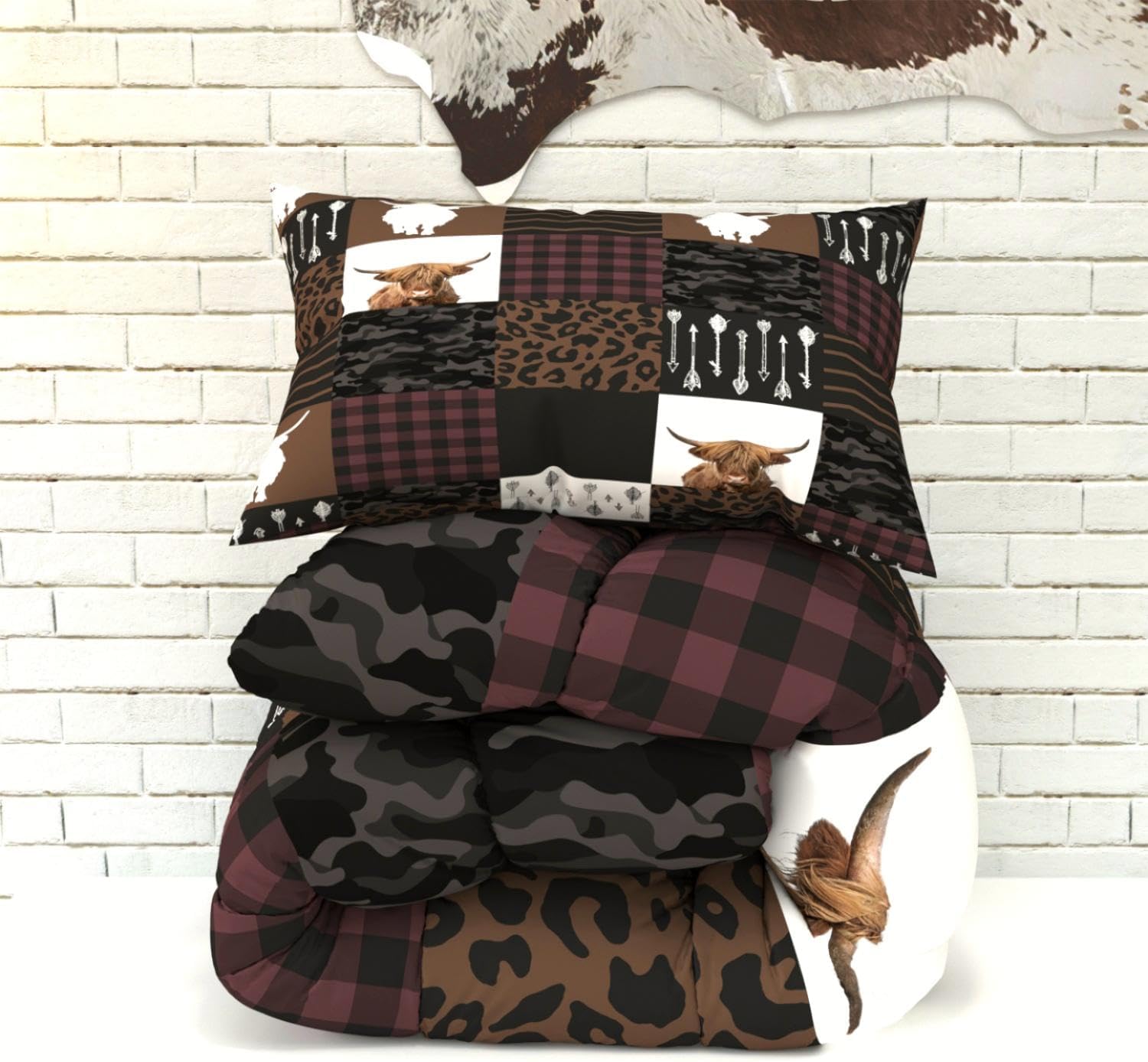 Highland Cow Comforter Sets for Kids Adults,3D Pattern with Dark Brown Colors,Decorative Bedding Comforter Sets with 2 Pillow Shams, Queen Size