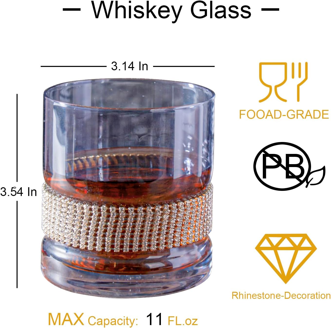 Whiskey Glass Old Fashioned Glasses Rhinestone Decoration Crystal Glass Set of 4 Birthday,Holiday Gifts Gray 2PCS