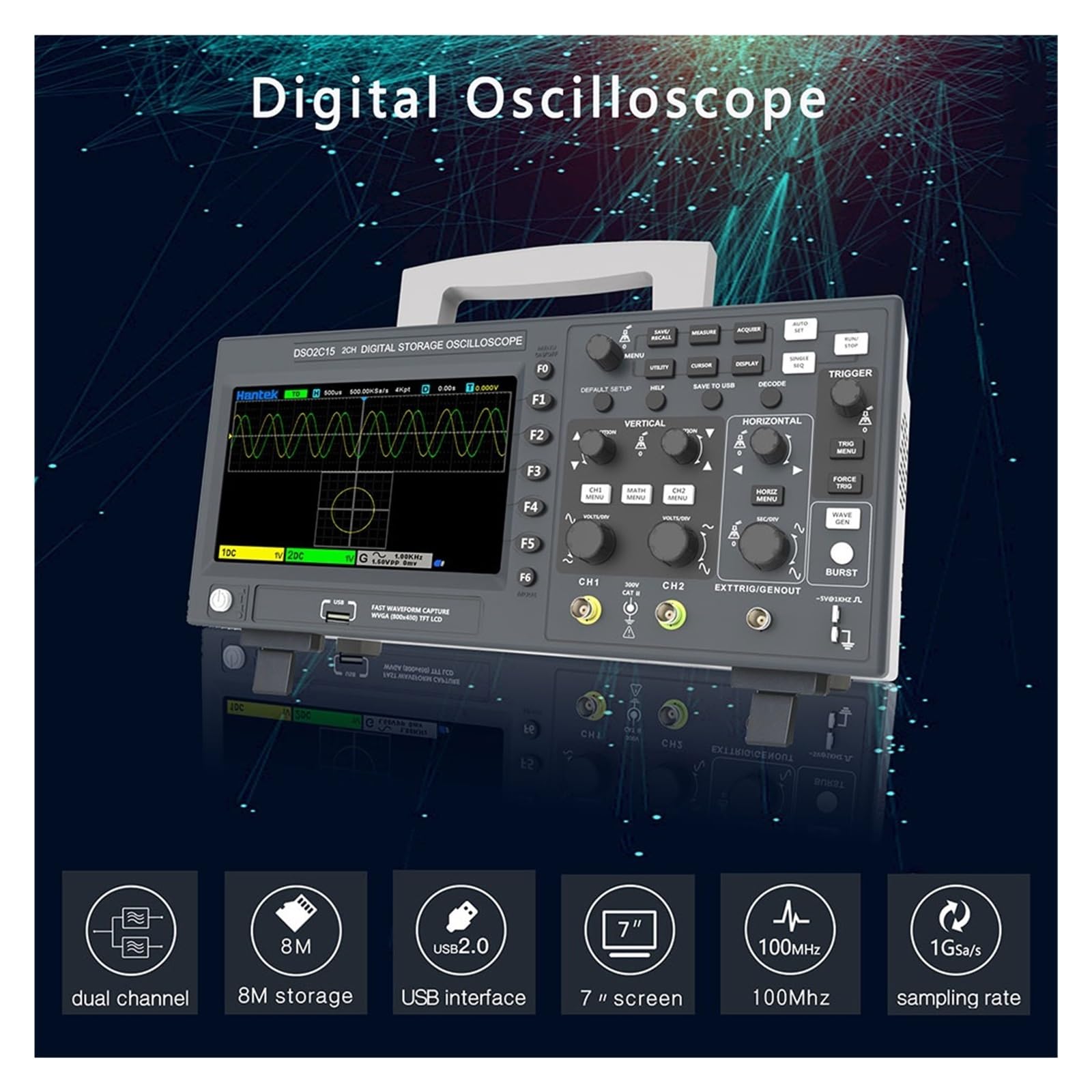 Osciloscopio digital, Osciloscopio digital DSO2C10 2C15 2D10 2D15 2 canales 100Mhz/150Mhz Almacenamiento USB Multímetro portátil Tester(DSO2C10)