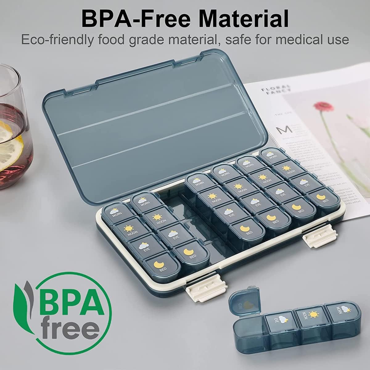Large Pill Box Organizer 7 Day 4 Times A Day, Weekly Pill Container Easy Open, Daily Airtight Medicine Pill Case Waterproof Moisture Proof for Travel Pocket, BPA Free