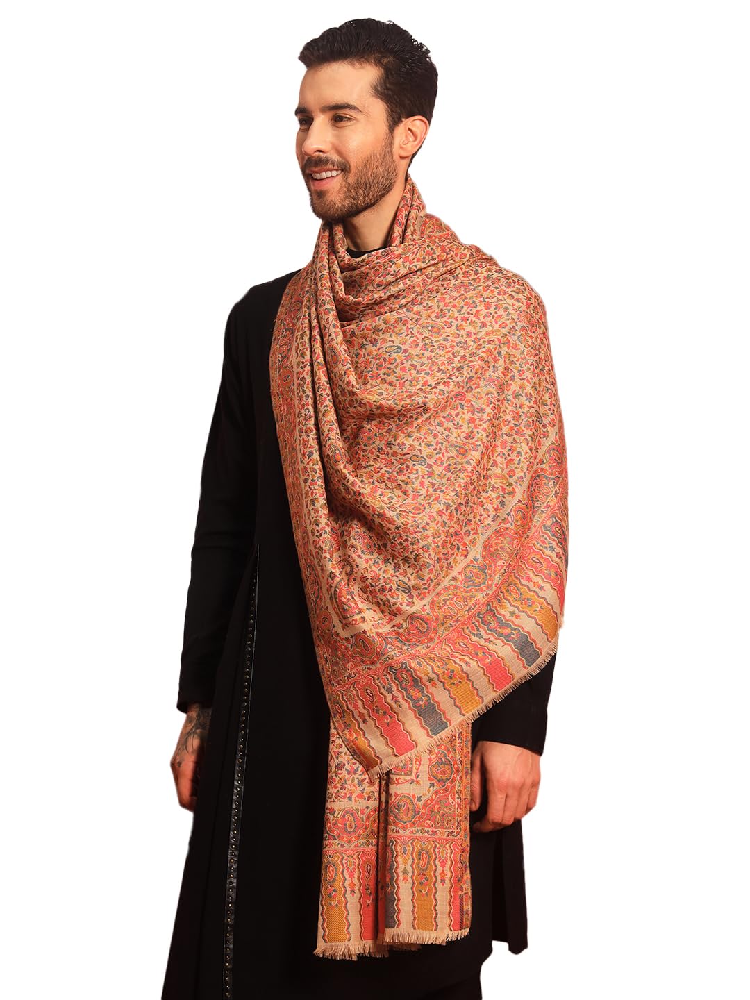 Pashmoda Men Mehak Fine Wool Kaani Shawl, Authentic Kashmiri Luxury Pashmina Style Shawl, Stole, Medium Gents Lohi, (Size 40x80 Inches)