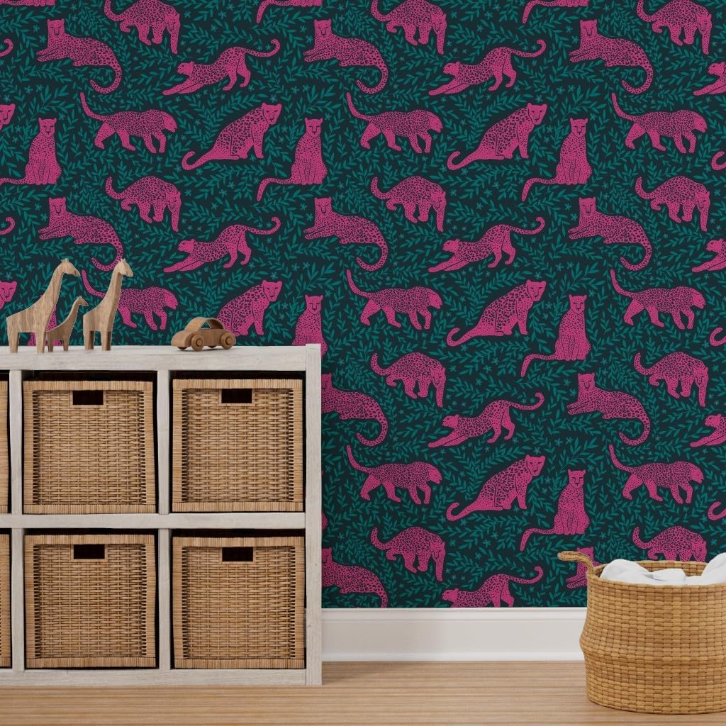Spoonflower Peel & Stick Wallpaper 3ft x 2ft - Jungle Cat Dark Teal Pink Leopard Jaguar Jewel Tone Custom Removable Wallpaper