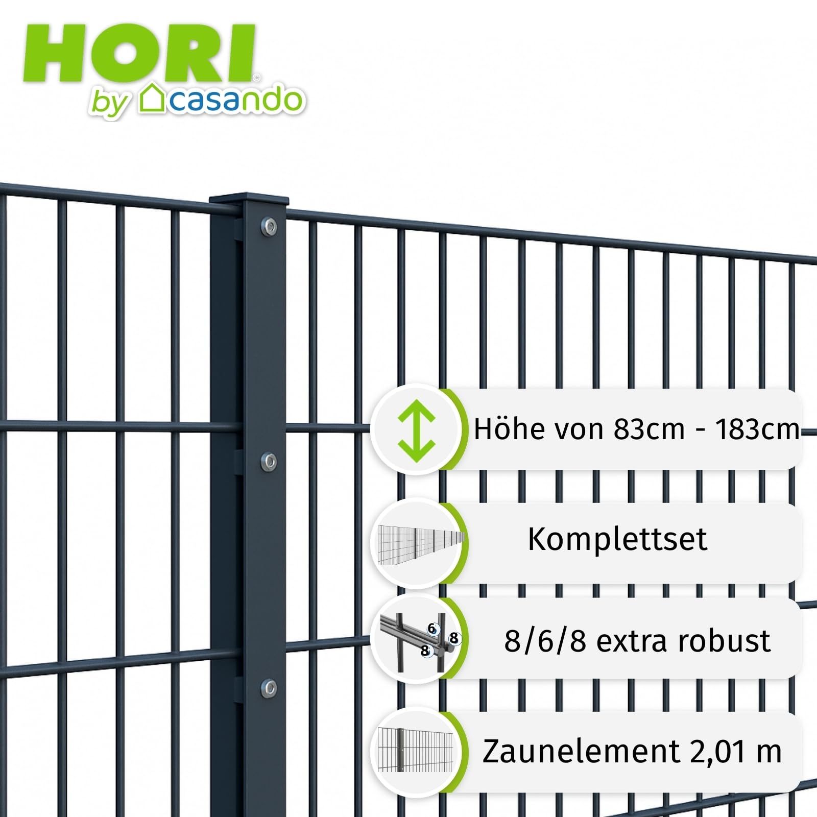 HORI Doppelstabmattenzaun Drahtstärke 8/6/8 mm Komplettset - je Gittermatte 200 cm - wahlweise mit Eckpfosten - verschiedene Längen und Höhen - Farbe Anthrazit Höhe 183 cm - Länge 2.5 m