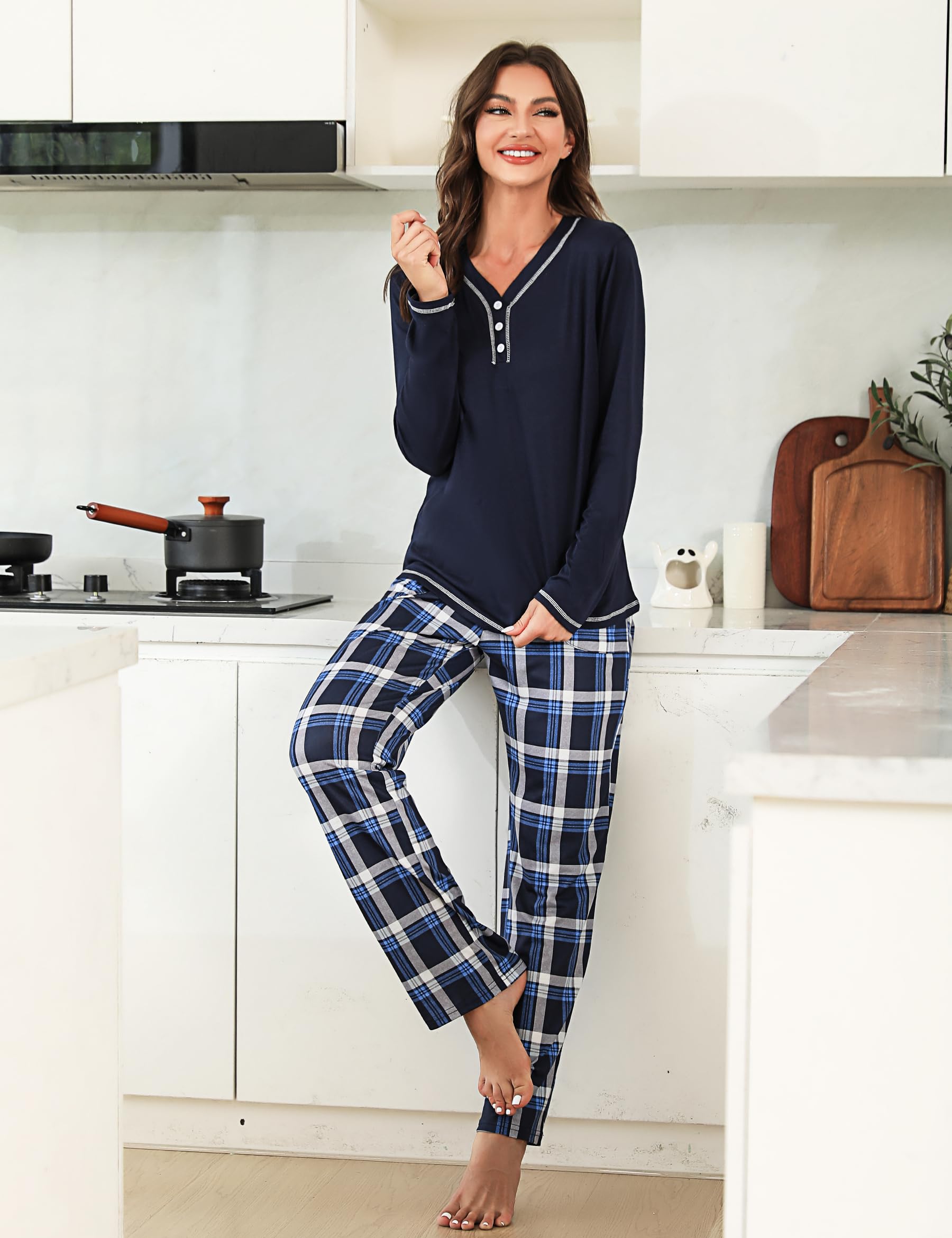 Uniexcosm Pigiama Donna, Pigiama a Quadri Donna Lungo Pigiama da Donna Cotone Leggero con Girocollo Pigiama 2 Pezzi Donna con Tasca Sciolto Accogliente per Casa e Casuale