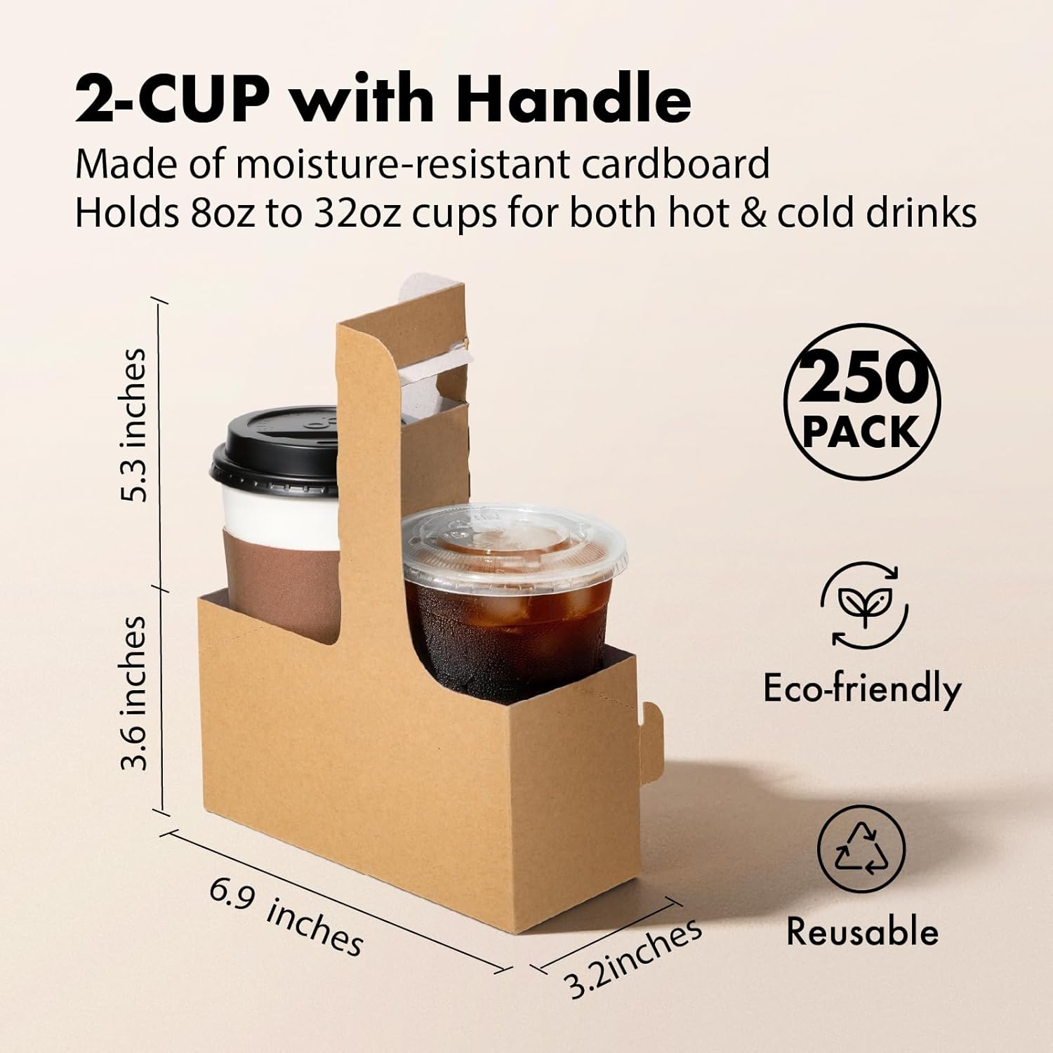 FMP Brands 2 Cup Disposable Drink Carrier with Handle, 250 Pack Kraft Paperboard Handled Drink Carriers 12-30 oz to Go Coffee Cup Holder, Cup Carrier for Cold Hot Drinks, Valentine Mother's Day