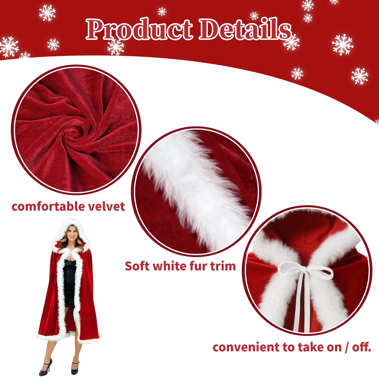 Christmas Santa Claus Hooded Cloak Mrs Santa Claus Velvet Hooded Cape Costume - Image 3