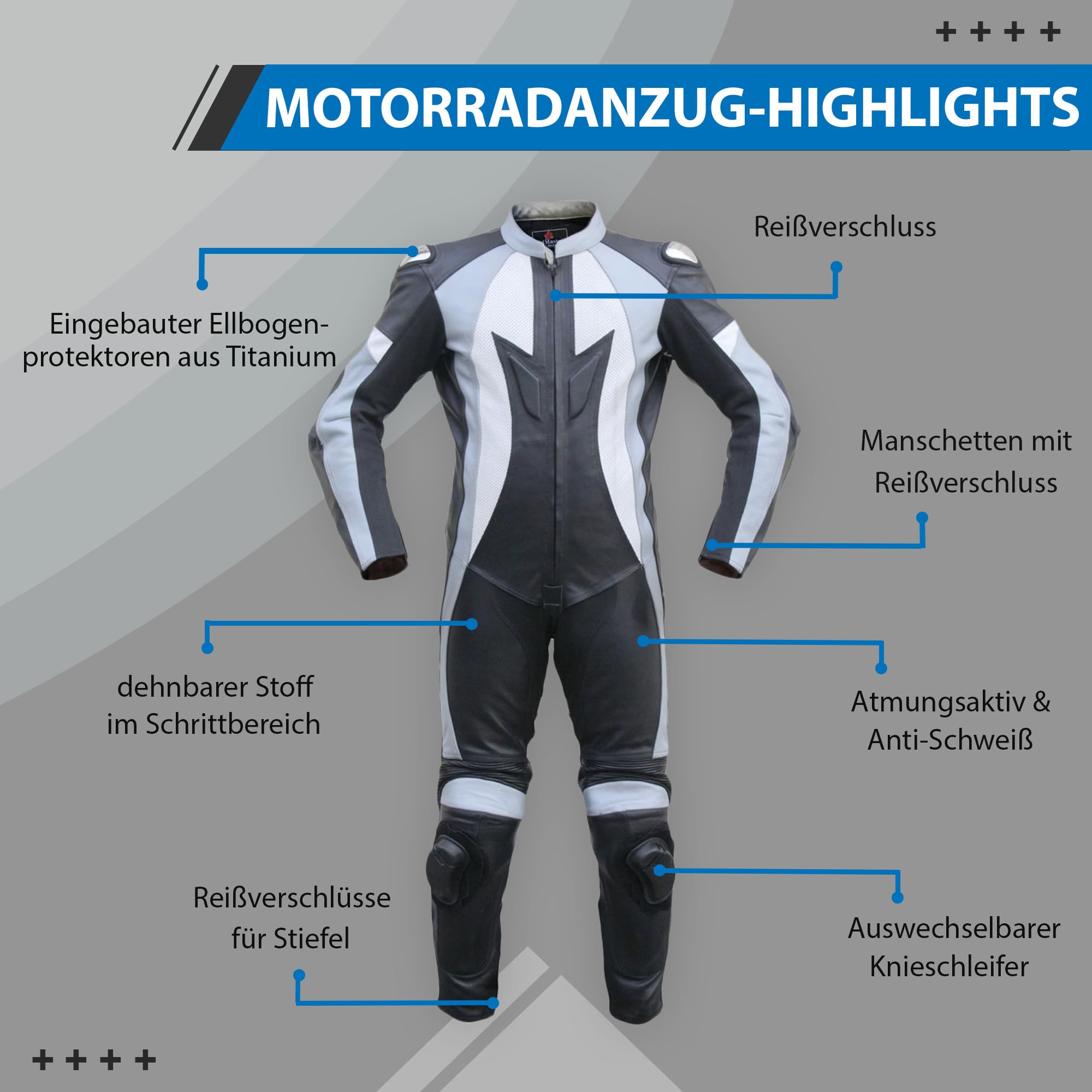German Wear Motorradkombi Herren Lederkombi Motorrad Rennkombi aus Kalbsleder mit Rückenhöcker Protektoren an Schienbein und Unterarm Knieschleifer Atmungsaktiv Schwarz/Grau/Weiß, Größe:48
