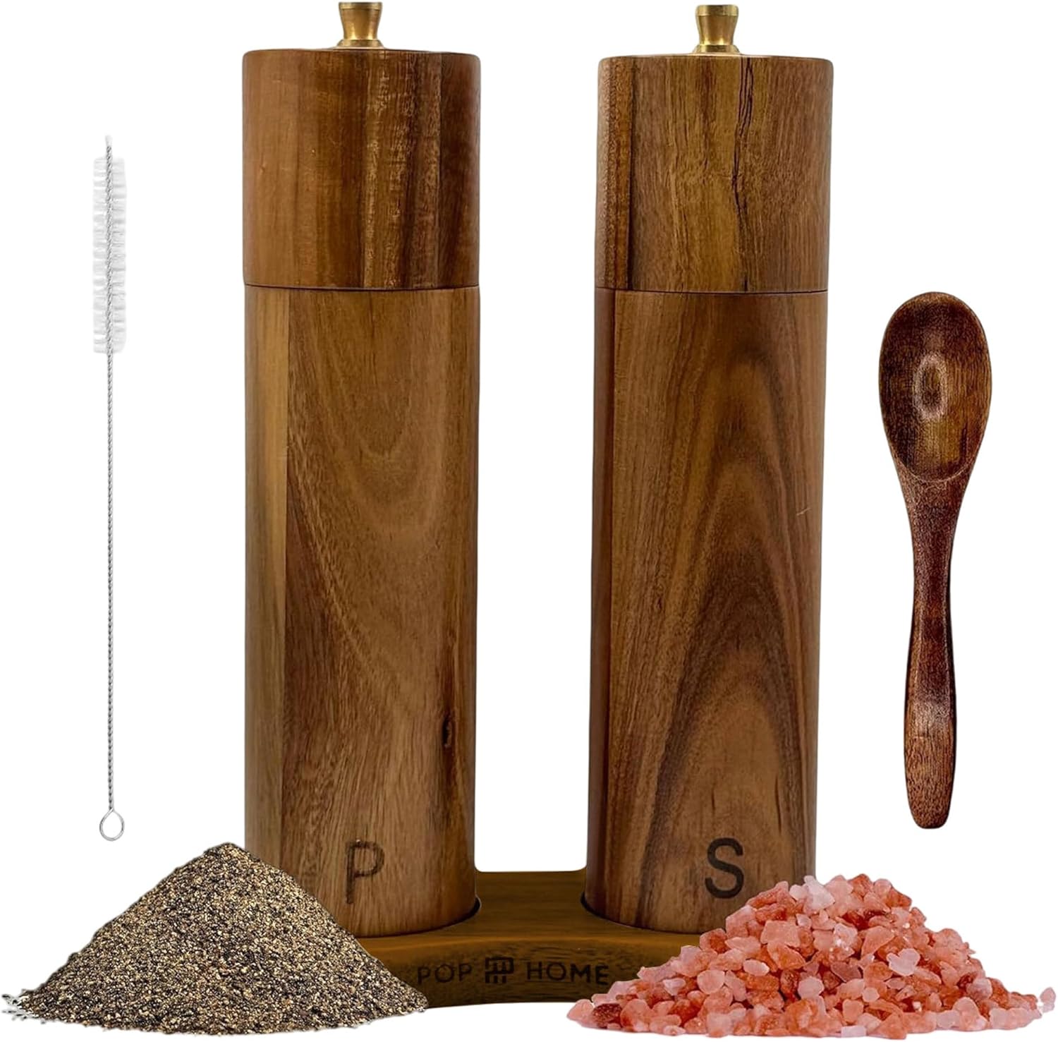 Wooden Salt And Pepper Grinder Set - 8″ Acacia Mills, Adjustable Ceramic Core, Refillable Wood Salt and Pepper Shakers With Tray, Spoon & Brush