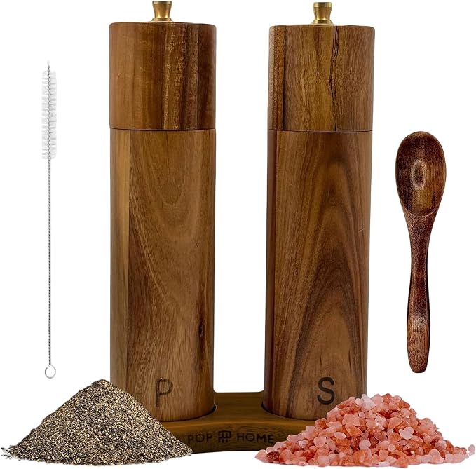Wooden Salt And Pepper Grinder Set - 8″ Acacia Mills, Adjustable Ceramic Core, Refillable Wood Salt and Pepper Shakers With Tray, Spoon & Brush