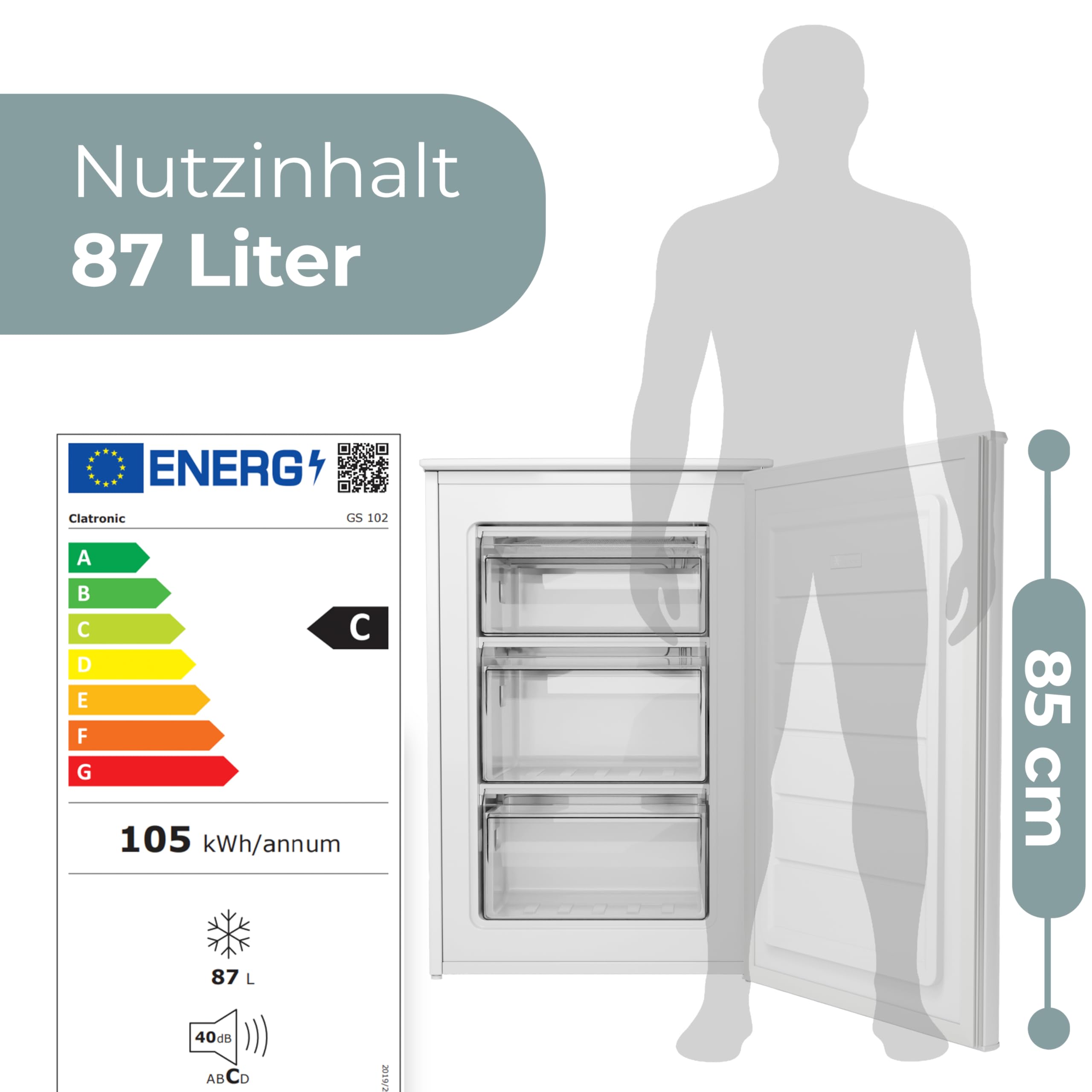 Clatronic® Gefrierschrank klein | Energieklasse C | 85cm | Tiefkühlschrank | leise 40dB | 3 Schubladen | Türanschlag wechselbar | bis zu -18°C | 87L Freezer | kleiner Gefrierschrank GS 102 weiß
