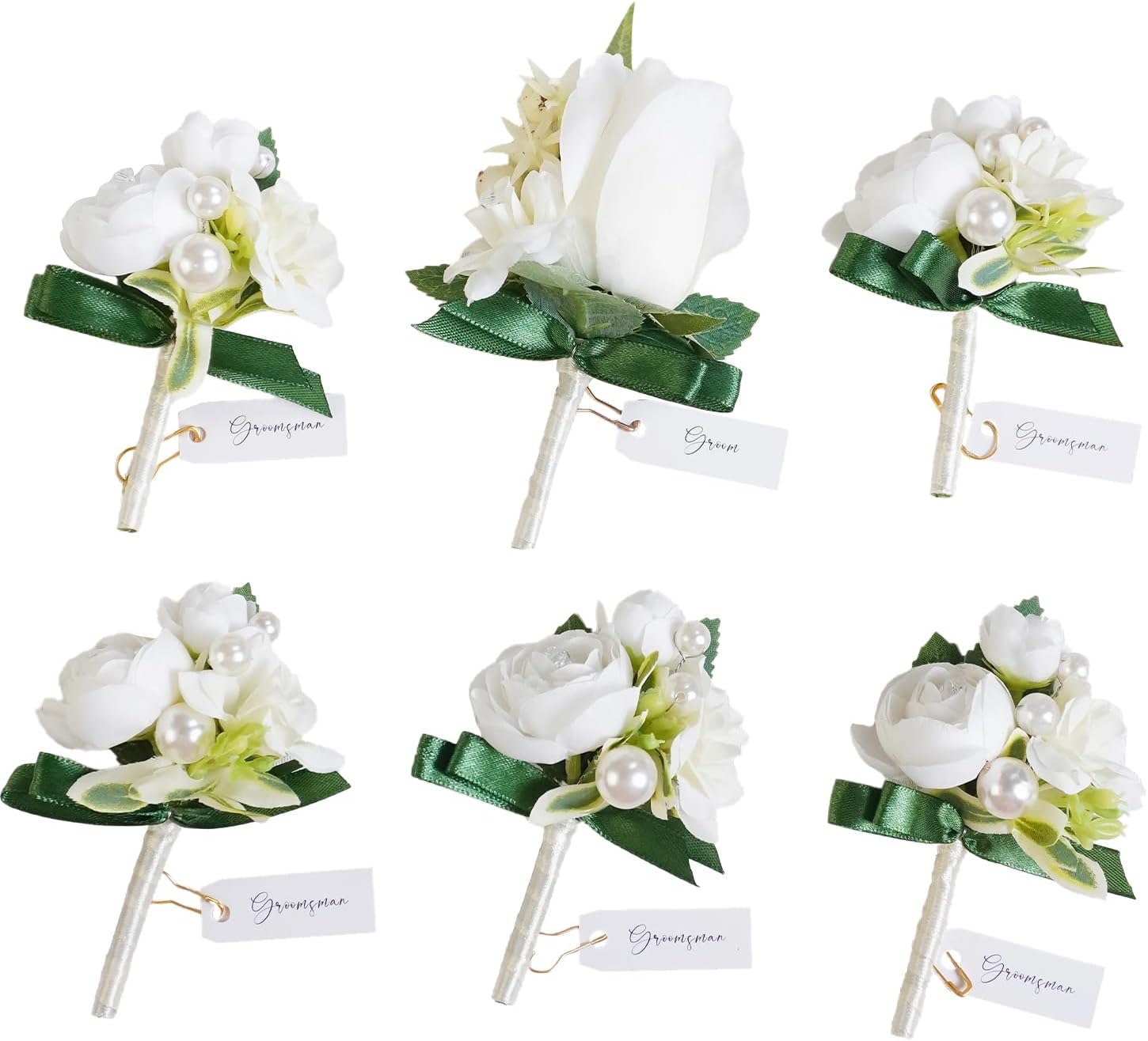6pcs White Boutonniere for Men Wedding - Realistic Ranunculus & Pearl Groom Groomsmen Corsage Set with Gold Pins - Artificial Silk Flower for Formal Prom, Homecoming, Anniversary Suit