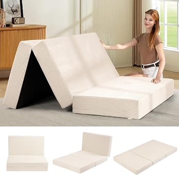 6-Inch Tri-Folding Mattress Full Size - Foldable Futon Sofa Bed with Removable Washable Cover, Folding Futon Mattress | Non-Slip Bottom & Carry Handles for Guest, Camping, Dorm