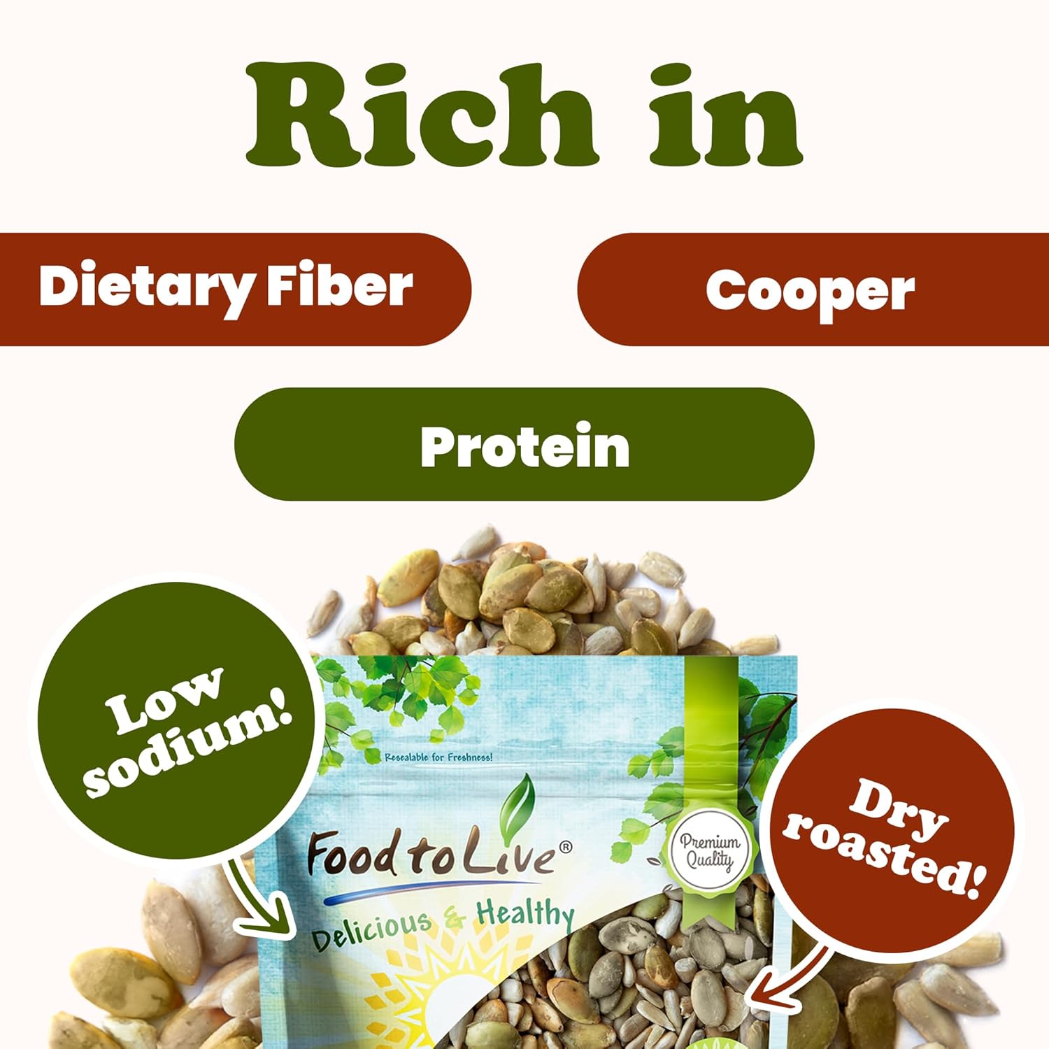Food to Live Dry Roasted Sunflower and Pumpkin Seed Mix, 2 Pounds – Oven Roasted, No Oil added, Natural Snack, Rich in Protein, Perfect for Baking and Salads, Vegan, Kosher, Bulk
