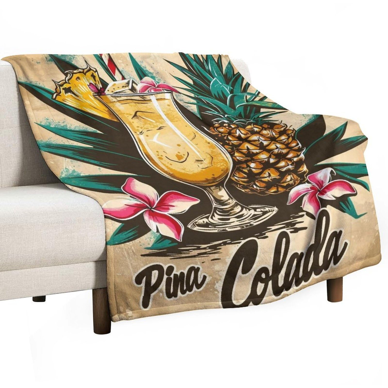 YHGSREUOH Linocut-Tiki-Bar-Pina-Colada-Drink-Fruit_01 Flannel Blankets Fleece Soft Throw Lightweight Plush Gifts for Couch, Bed, Cozy Sofa Plush, Chair, Lovers 80x100cm(30x40in)