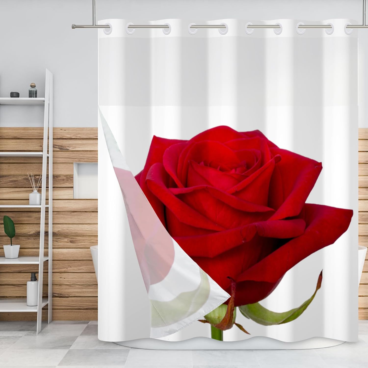 Baocicco Red Rose No Hook Shower Curtain with Snap in Liner Flowers Bloom Valentine Day Double Layers Waterproof Fabric with See Through Top Window Lover Hotel Shower Curtain and Liner Set 71x83 Inch