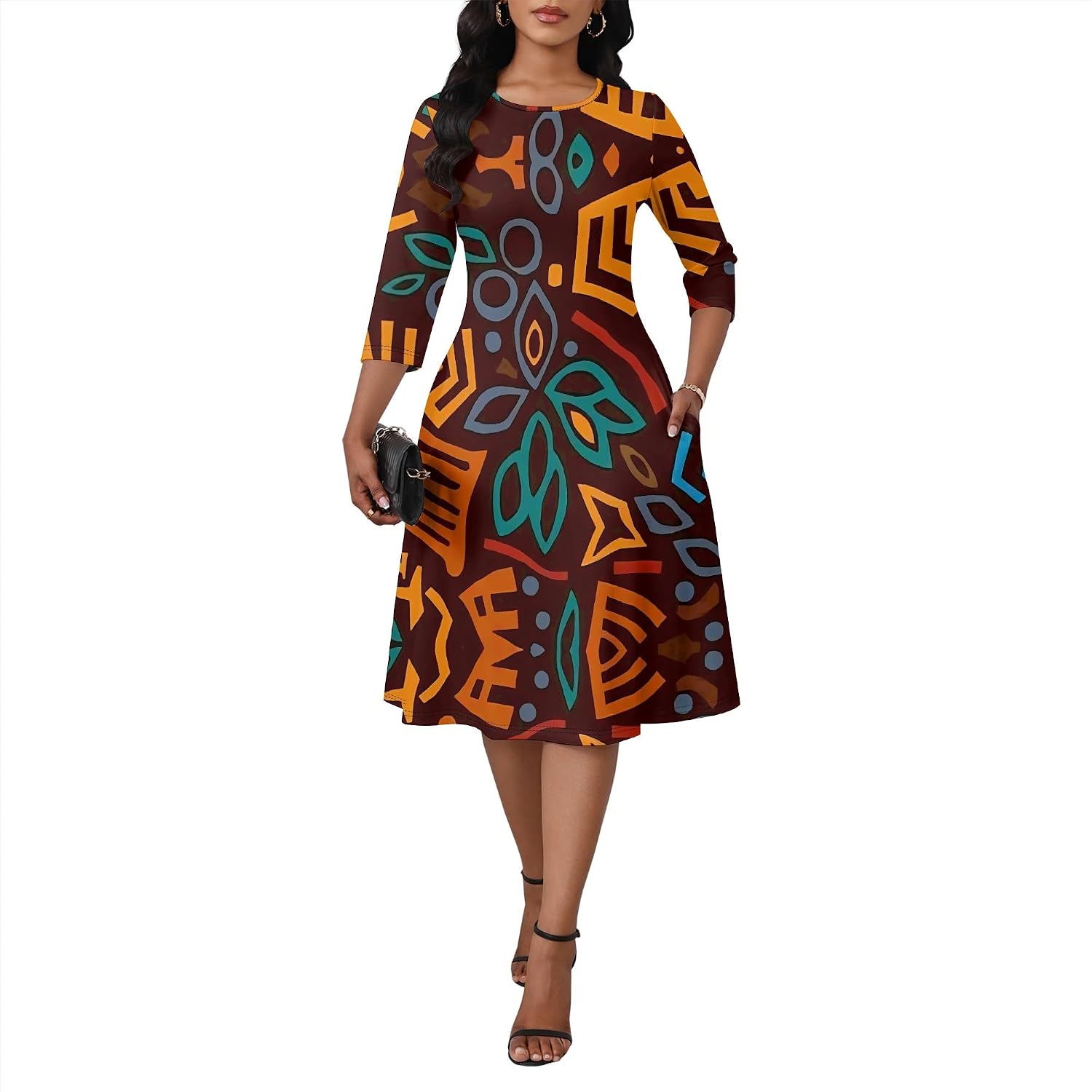 Casual Dresses for Women Fit and Flare 3/4 Sleeve Crew Neck A-line Cocktail Church Dress Midi Work Dress with Pockets